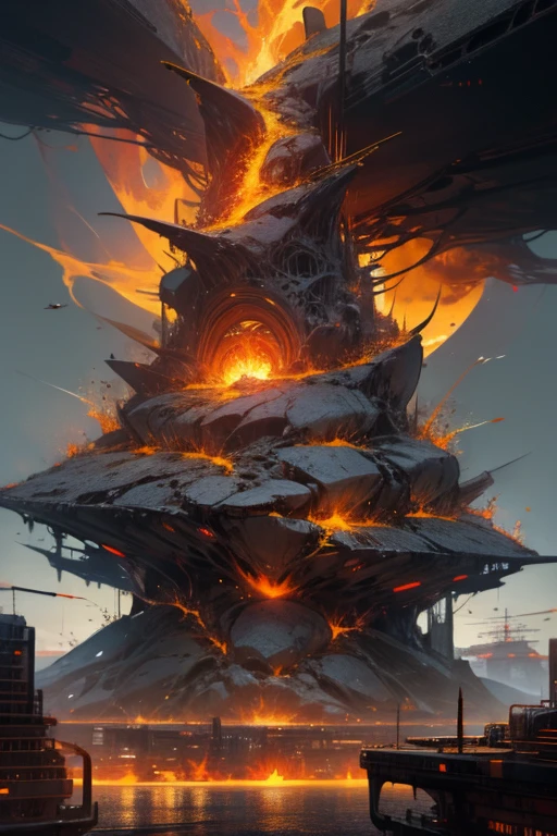 A complex lava structure in a futuristic city