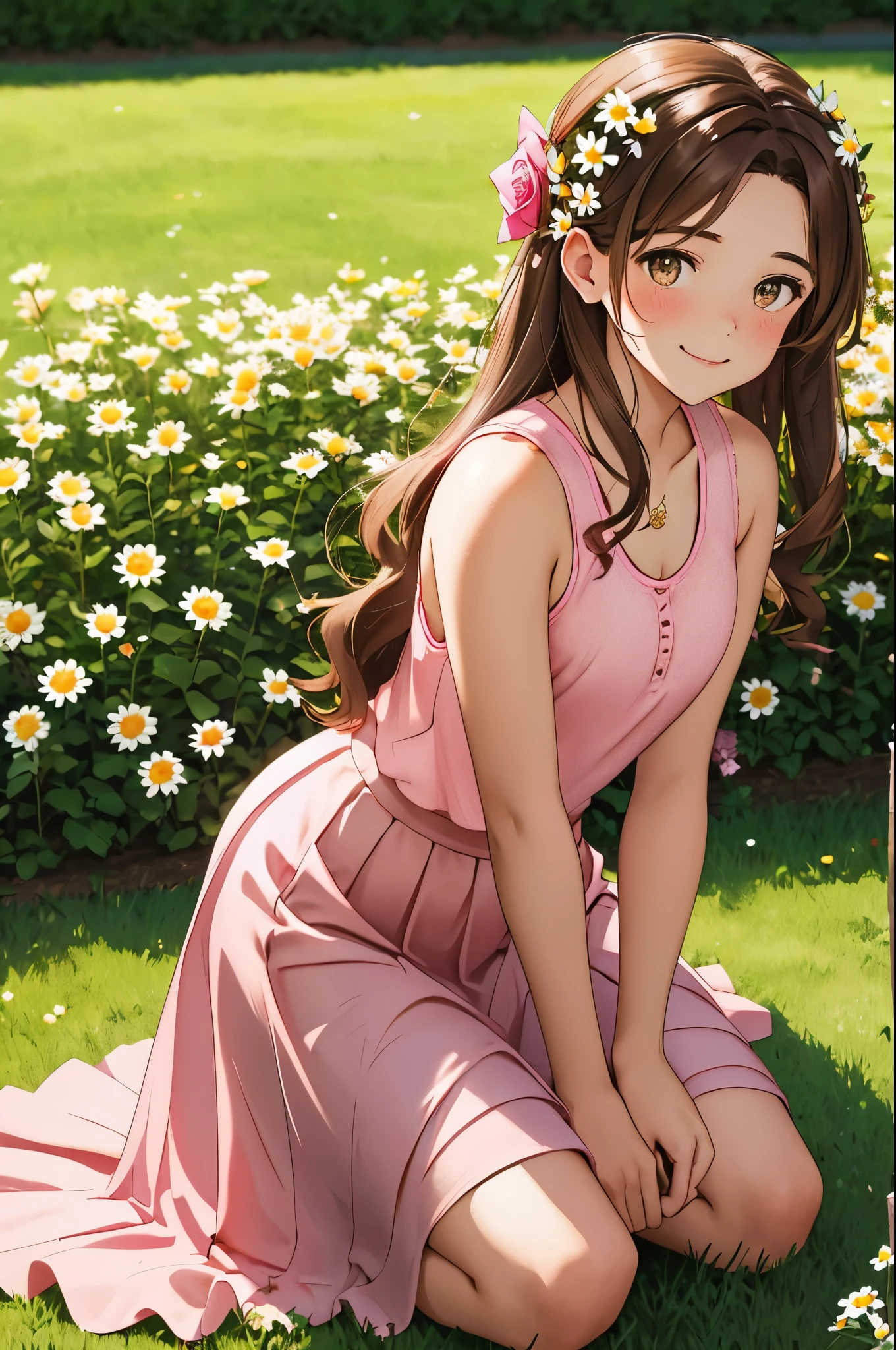 {there is a young girl kneeling in front of a flower bed. she is beautiful, and attractive. she is wearing a pink singlet top, and a large pink maxi skirt. her skirt also has flower patern all over, and is in a full circle when she kneels or sits. her singlet has white stitching on the edges. she has beautiful long brown hair, and beautiful hazel eyes. she is holding a rose. the flower bed contains a mixture of roses, daisies and other flowers. she is kneeling on the grass. she also has a beautiful smile on her face},