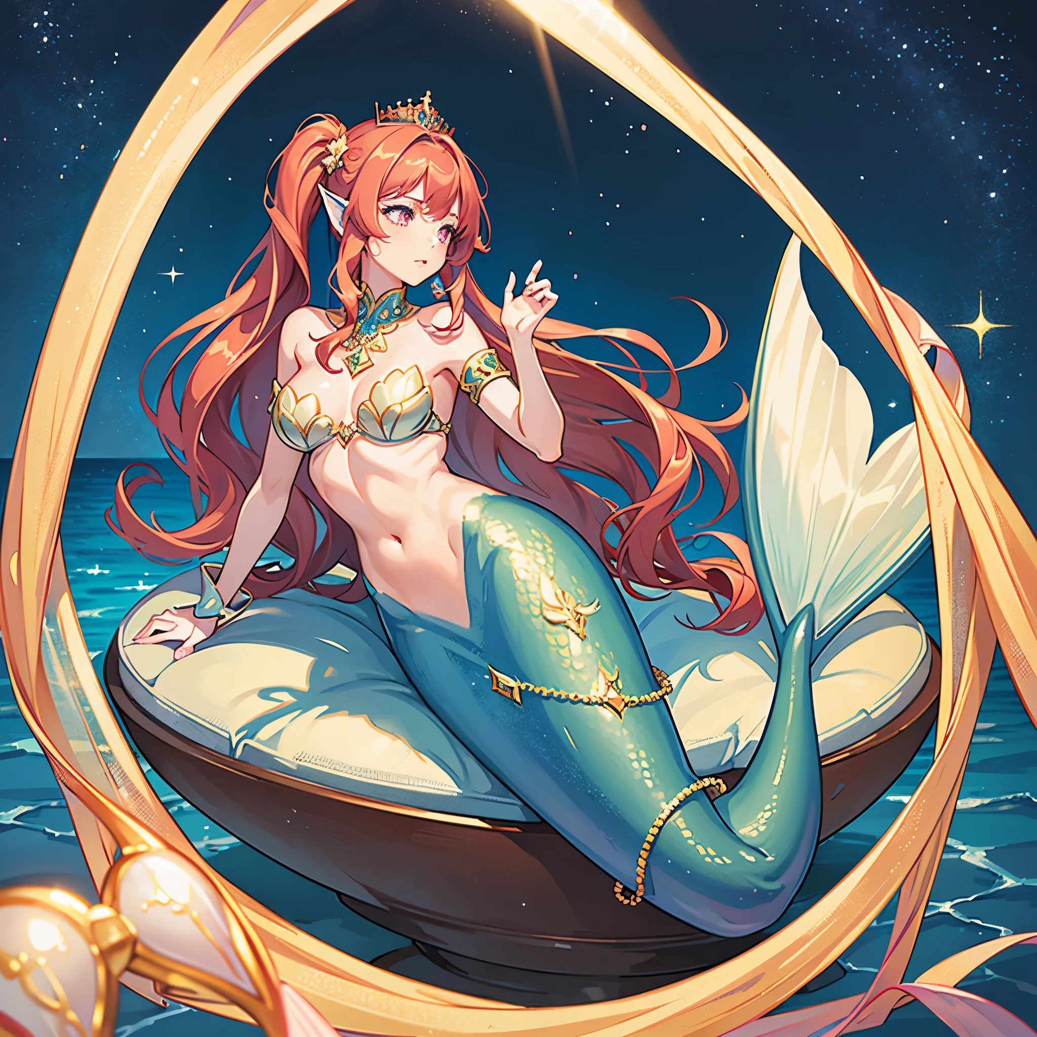 The prompt for the given theme is: "A -year-old cess ically transformed into a beautiful mermaid, with a race swap. The lower half of her body has a fish-like appearance, including a long red mermaid tail below her waistline and fins as ears. The artwork should be drawn in an anime style, with the princess having very long pigtails of red hair. She also have pink eyes. There’s a pair of fish gills on her torso. Best quality, 4k, highres, masterpiece:1.2, ultra-detailed, realistic:1.37 Medium: Anime Additional details: Sparkling ocean waves, colorful coral reefs, a golden tiara adorning the princess's head, red scales shimmering under sunlight, a bra made of seashells, pearl necklaces and bracelets, a mesmerizing underwater castle in the background. Artistic style: Fantasy, anime-Art, Portraits Color palette: Vibrant and iridescent colors, with shades of red, green, and pink. Lighting: Soft and gentle underwater illumination, creating a magical and ethereal ambiance." Please make sure to adhere to the prompt format and include at least 5 detailed elements related to the theme.