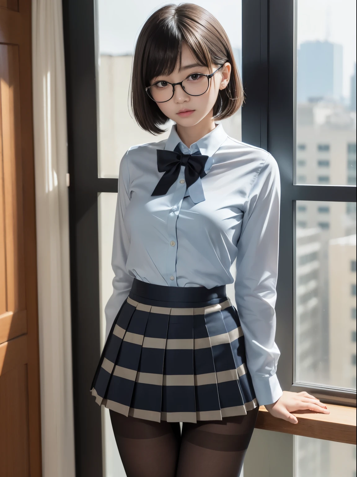 （8k、RAW photography、highest quality、masterpiece：1.2),(bob cut),Cheeky,School,looking at the viewer,Looking at the front,Muchimuchi,erotic,student,Light green Bra,Bra showing through shirt,white skin,knees,,(((black pantyhose)),((black pantyhose)))(((black pantyhose)),((black pantyhose))),absurd,small face,,flat chest,前hairを真ん中から分けます、I can see the forehead,(cold look,きついeye,glare,strong,skinny,skinny,get annoyed)、masterpiece,highest quality、超A high resolution,RAW photo,Len,beautiful feces,one person, solo,glasses,,dark look,small breasts,whole body,丸glasses、cute,JK uniform,high school girl,japanese woman,standing,（Photoreal：1.37）、photon mapping,realistic、beautiful woman,cutesmall face,茶色のeye、black socks、(red bow tie)、radio city、物理ベースのLenダリング、Depth of the bounds written、blurred background、picture,body,teenage girl,beautiful feet, long legs, thin legs,(前hairが見える), hair, lips, green_eye, nose soft,(light blue shirt), (Navy, blue and white plaid pleated skirt), kneesが見える,thin clothing,, thigh, black cotton socks,Nogizaka Idol, actress, Japanese ID information
