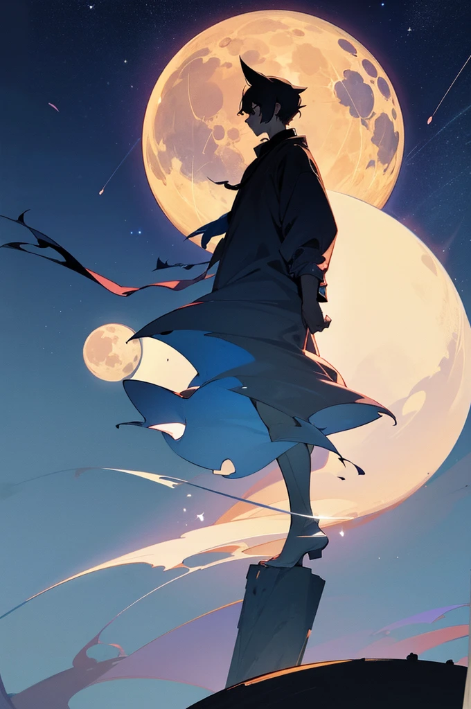 highest quality,big moon and shadow,A silhouette of a person can be seen against the background of the big moon.,There is one full moon,There is a mood,beautiful scenery,starry sky
