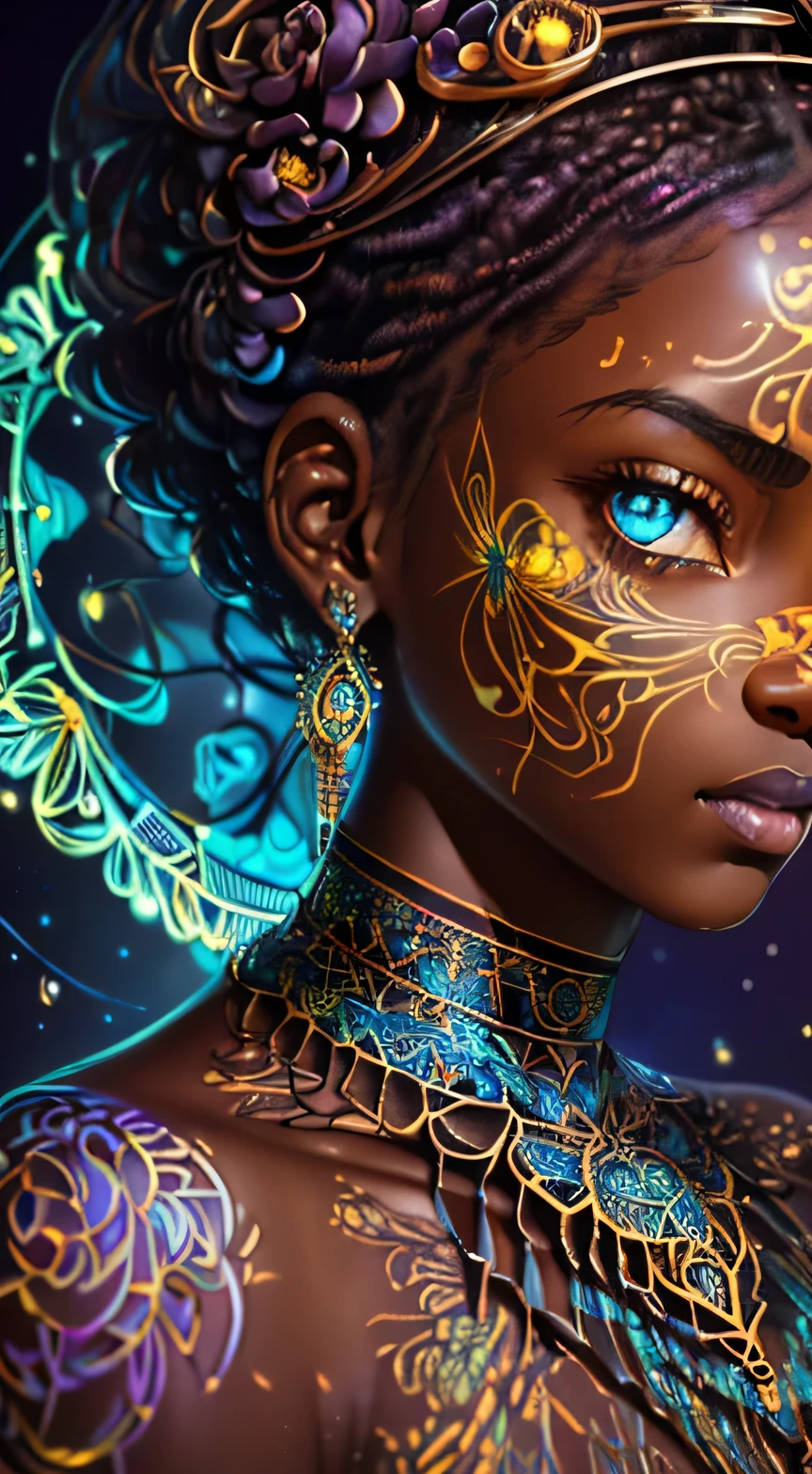 {Celestial hues, lofi, shiny aura, oil shine, cute, black girl in a crop top and baggy jeans, big pretty eyes, golden tribal markings} solo ((( perfect dark skintone, perfect flawless face, highly detailed, dynamic pose, intricate glowing motifs, beautifully detailed floral organic tracery, geometric, perfect composition, digital painting, artstation, concept art, smooth, sharp focus, illustration, Carne Griffiths, pixar, Victo ngai, Jean Baptiste Monge, beautiful, perfect eyes,  full lips, 8k, best quality, full shot )))