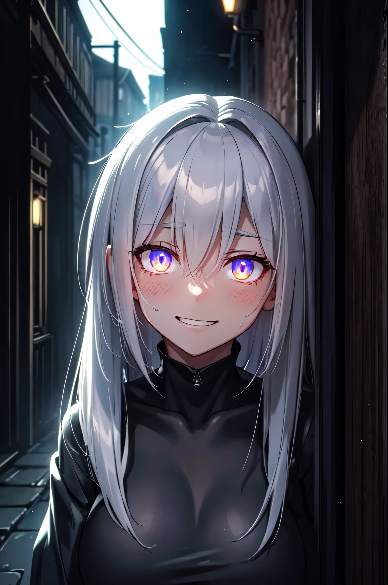 (High quality, High resolution, Fine details), (dark), (narrow alley), (nighttime), (ominous atmosphere), (mysterious shadows), (dark corners), (uneasy feeling), misty air, (faint silhouette), (foreboding presence), liminal space, hidden secrets, (unseen dangers), subtle details, (contrasting light and shadow), solo, curvy women, white hair, (Glowing eyes:1.4), (Detailed eyes:1.2), grin, blush, Sweat, Oily skin, shallow depth of field
