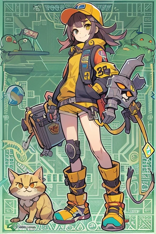 Boyish girl and creepy cute monster buddy、anime-like、Adventurer、A determined smile、Brown hair with light blue mesh、Monocle with analytical ability、Sporty、Emblem with the Ouroboros ring motif、cap with cat ears、He is equipped with a mechanical gauntlet on his right hand.、orange hoodie、Knee guard、lace up boots、One Shoulder Bag、16 years old。character design sheet、The monster is inspired by Giger.、ExpeditionStyle、Monster is mshn robo style、Card game style