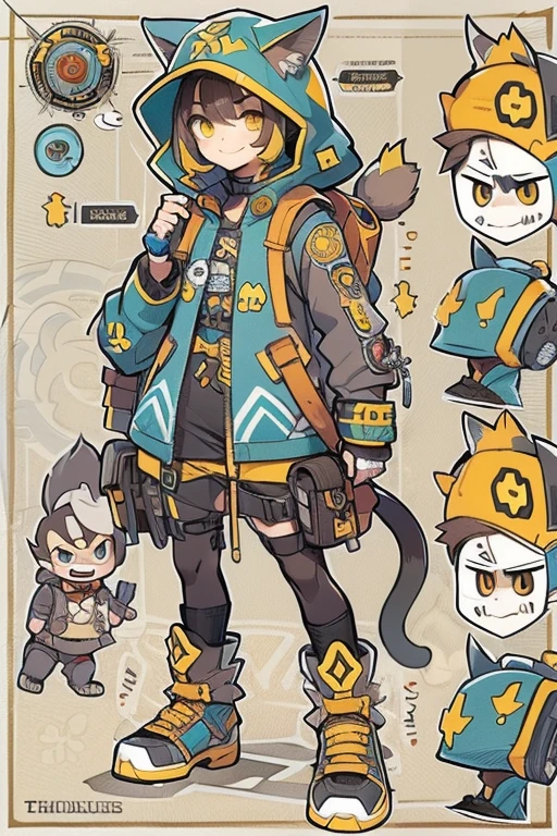 Boyish girl and creepy cute monster buddy、anime-like、Adventurer、A determined smile、Brown hair with light blue mesh、Monocle with analytical ability、Sporty、Emblem with the Ouroboros ring motif、cap with cat ears、He is equipped with a mechanical gauntlet on his right hand.、orange hoodie、Knee guard、lace up boots、One Shoulder Bag、************。character design sheet、The monster is inspired by Giger.、ExpeditionStyle、Monster is mshn robo style、Card game style