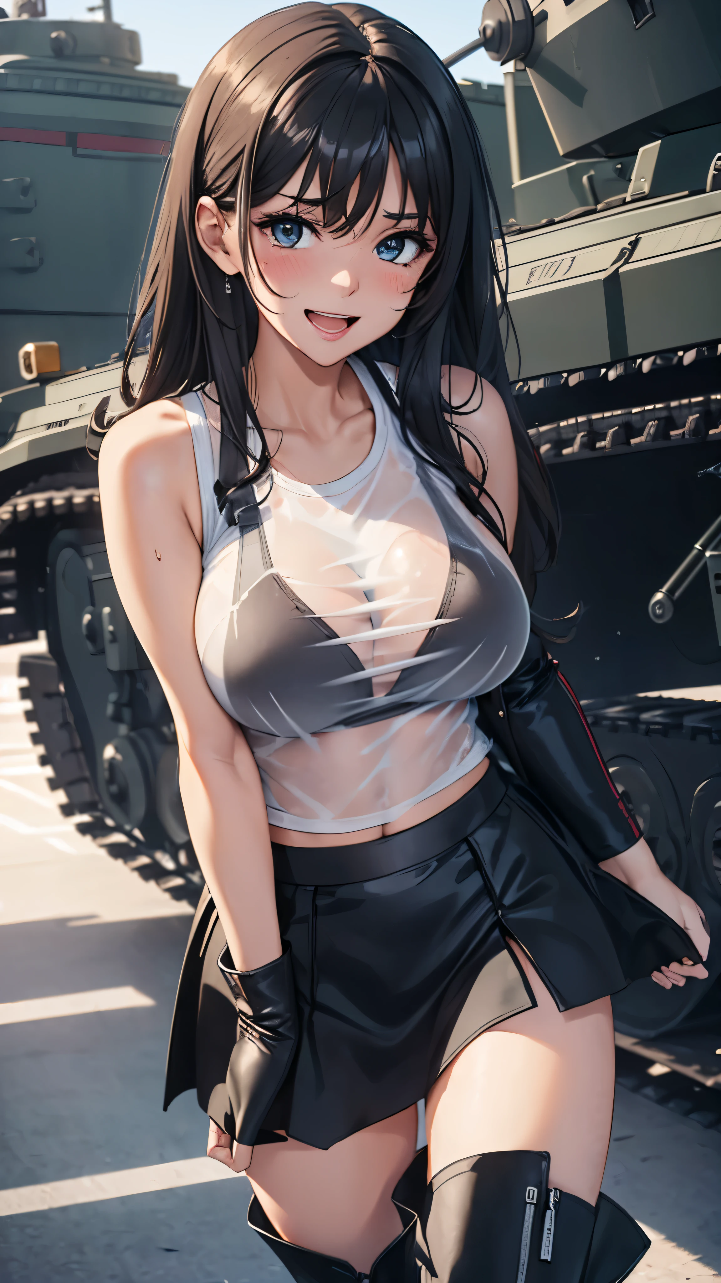 1 female,black hair,25 years old,(((blue shiny micro tight skirt)))((white tank top))(((blush、open mouth smile)),(((straight hair))),(((portrait))),crowd,,(wet with sweat)((sexy black bra and see-through tank top))(leather thigh high boots)(((big breasts)))