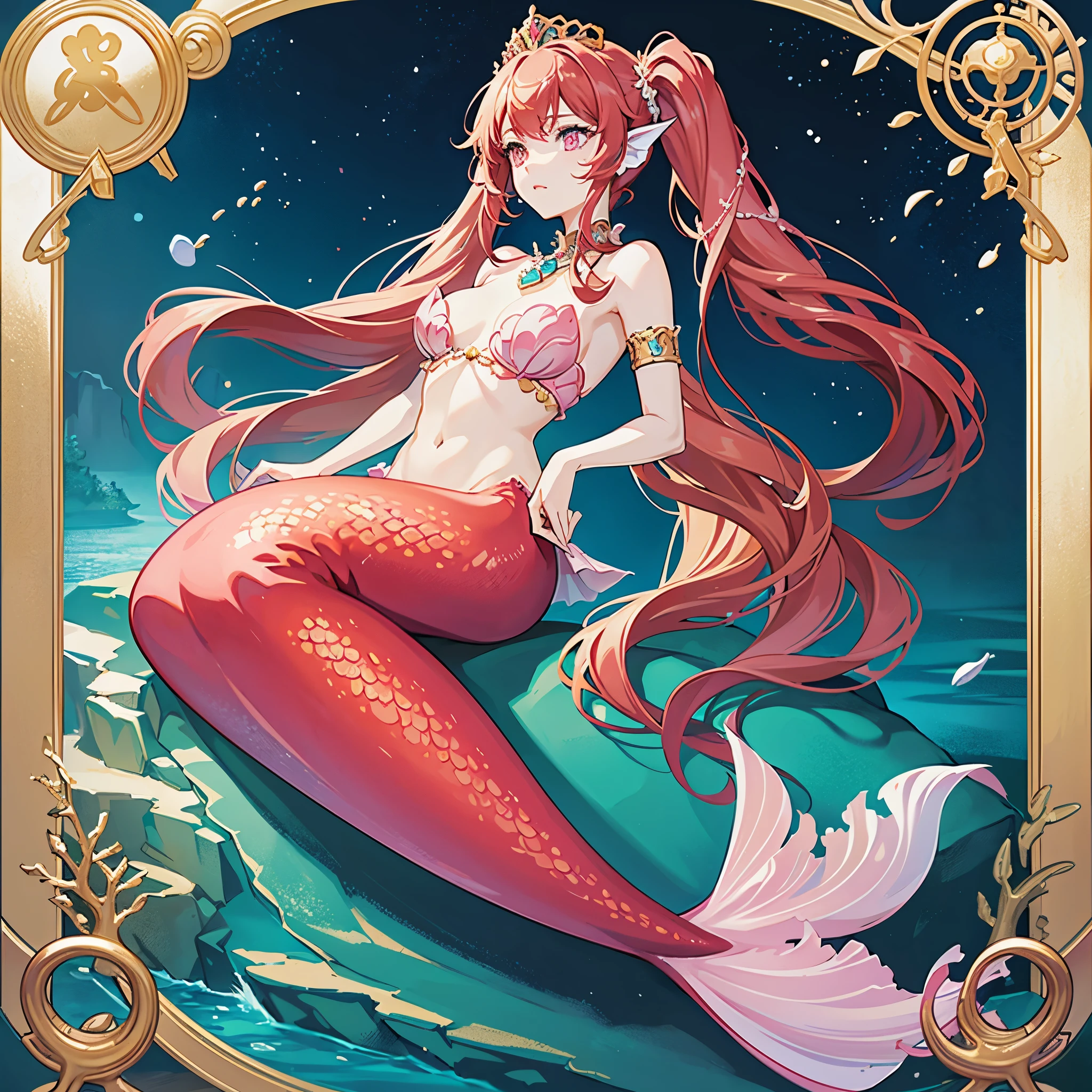 The prompt for the given theme is: "A pretty 15-year-old princess magically transformed into a beautiful mermaid, with a race swap. The lower half of her body has a fish-like appearance, including a long red mermaid tail below her waistline. She also have dorsal and pelvic fins. Her ears looks like fish fins. The artwork should be drawn in an anime style, with the princess having very long pigtails of red hair. She also have pink eyes. There’s a pair of fish gills on her torso. Best quality, 4k, highres, masterpiece:1.2, ultra-detailed, realistic:1.37 Medium: Anime Additional details: Sparkling ocean waves, colorful coral reefs, a golden tiara adorning the princess's head, red scales shimmering under sunlight, a bra made of seashells, pearl necklaces and bracelets, a mesmerizing underwater castle in the background. Artistic style: Fantasy, anime-Art, Portraits Color palette: Vibrant and iridescent colors, with shades of red, green, and pink. Lighting: Soft and gentle underwater illumination, creating a magical and ethereal ambiance." Please make sure to adhere to the prompt format and include at least 5 detailed elements related to the theme.