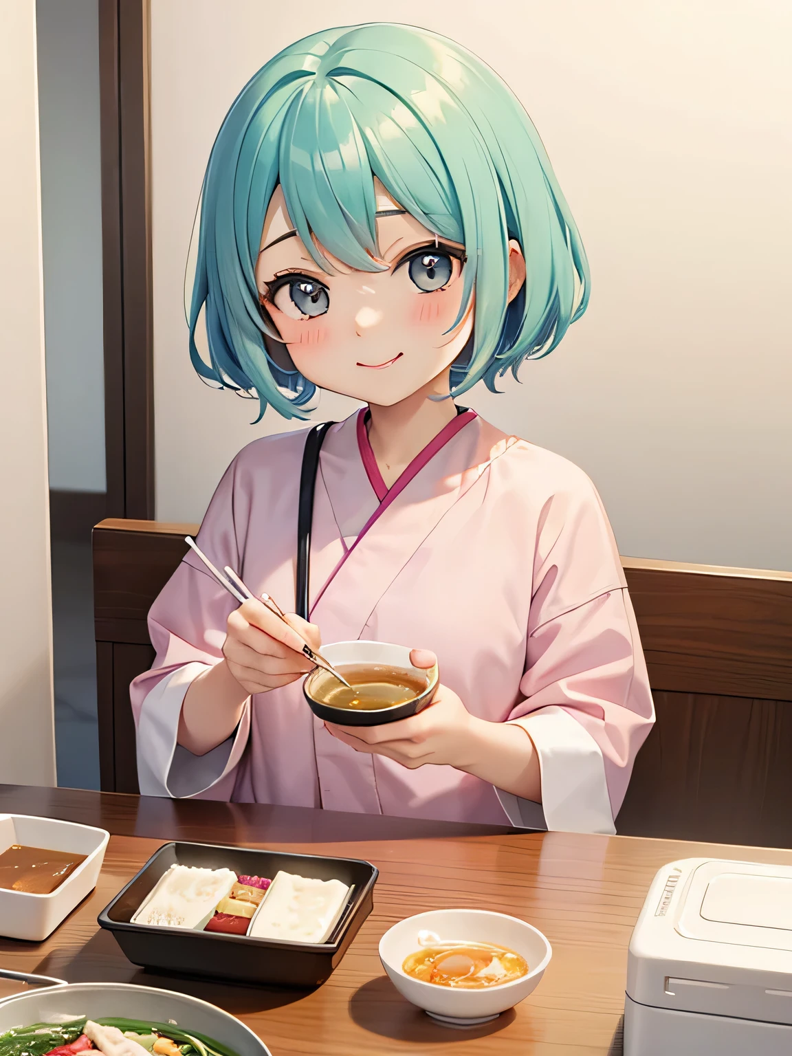 pastel colour, cute女の子 (((a bit))) cute, best smile, short hair, eat miso soup. hospital room,
