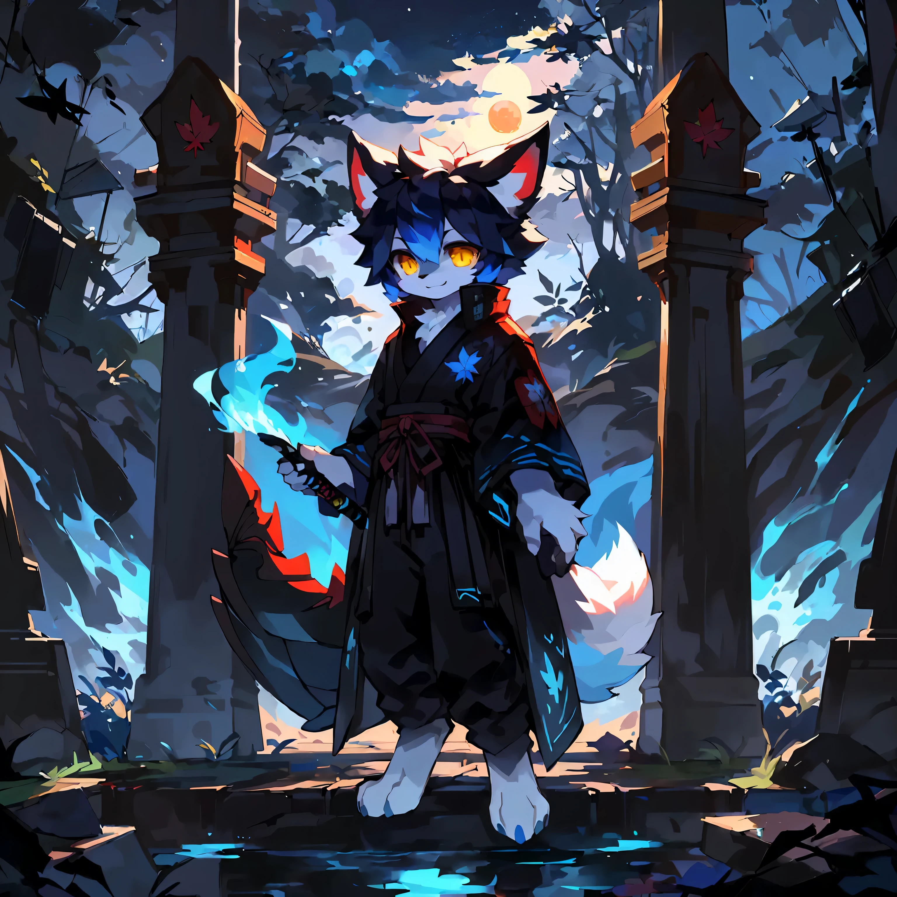 high quality portraits, Highest definition, dramatic lighting, intricate details, sharp focus, a white fox, boys, ((Fake laugh))), holding katana, ((( \(perfect anatomy\)))), maple leaf, blue tail, fluffy mane, golden eyes, black iris, White and black body, Blue black short hair, fallen leaves（alone), full body portrait, full moon, shrine, ghost, blue flame, Fox fire, night, digital level, standing posture, masterpiece, 16k