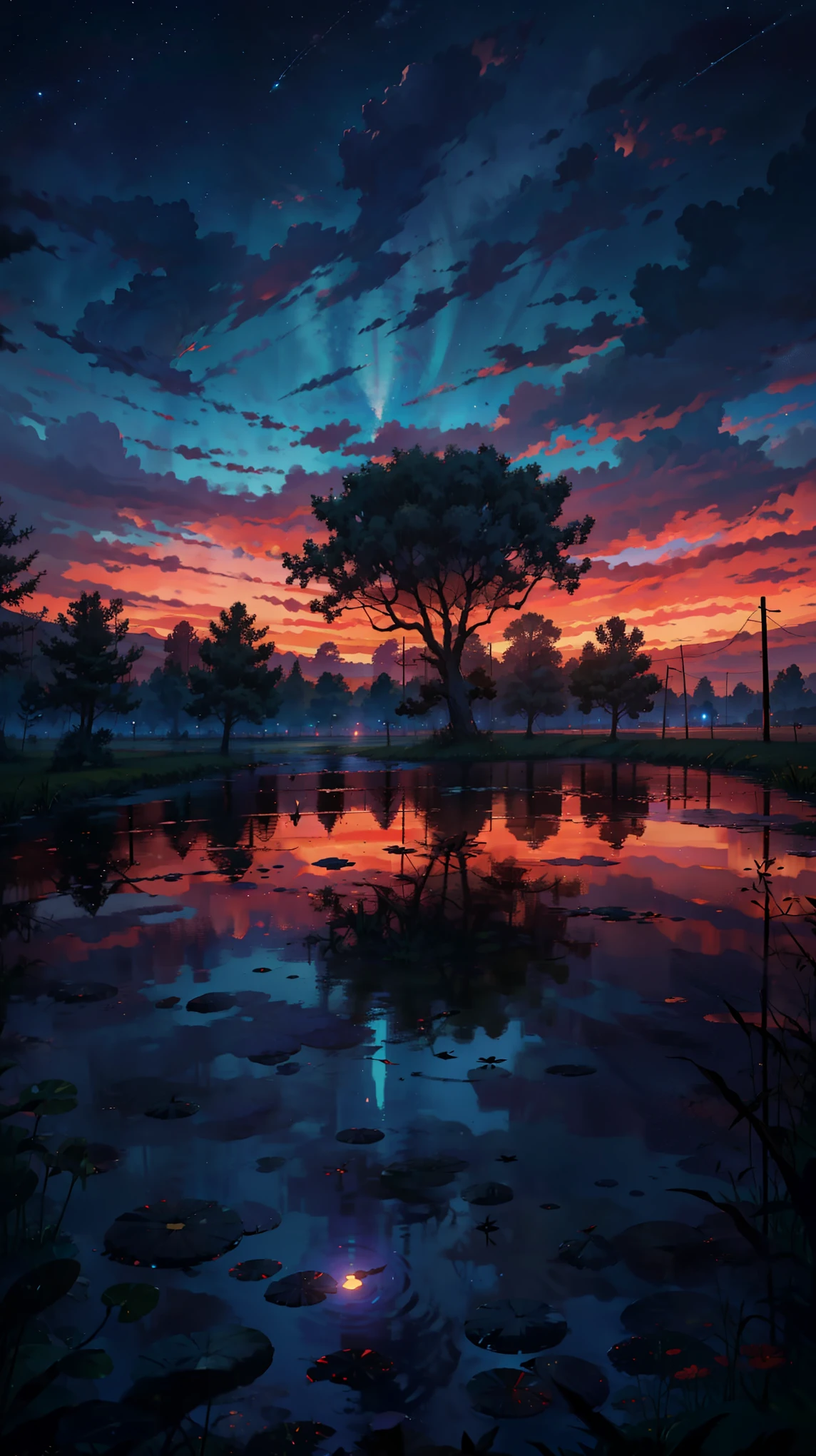 Horror, bloody Clouds, Runway: 1.2, Tree, Shooting Star, Small Waterhole, Reflection, Shady, Sunlight, Wide Angle, Best Quality, 8K, Perspective, Depth of Field, High Resolution, Fine Detail, Ultra Detail, Sharp Focus