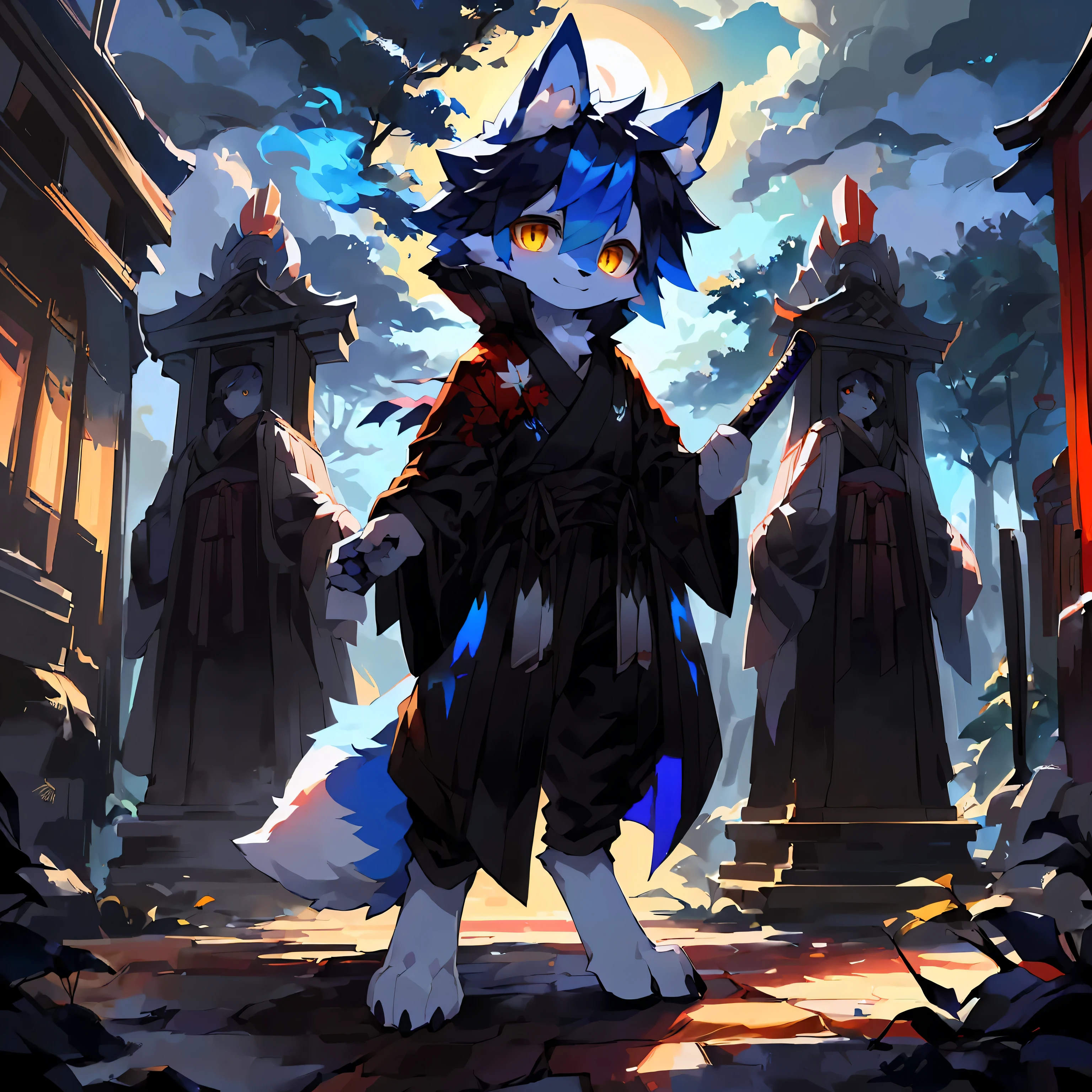 high quality portraits, Highest definition, dramatic lighting, intricate details, sharp focus, a white fox, boys, ((Fake laugh))), holding katana, ((( \(perfect anatomy\)))), maple leaf, blue tail, fluffy mane, golden eyes, black iris, White and black body, Blue black short hair, fallen leaves(alone), full body portrait, full moon, shrine, ghost, blue flame, Fox fire, night, digital level, standing posture, masterpiece, 16k