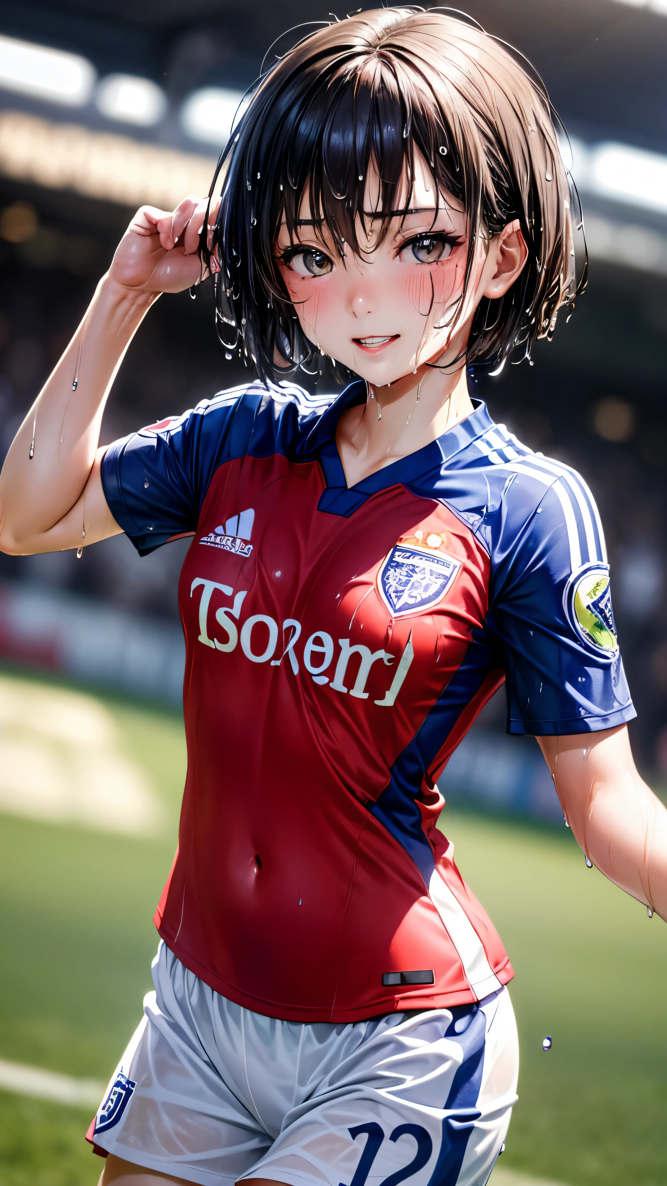 (masterpiece,highest quality,超A high resolution),japanese woman, (((very beautiful 12 year old girl))), pretty girl、look at the photographer､Front view,  ((short hair)), super cute face, glossy lips, double eyelids in both eyes,natural smile、 natural makeup, long eyelashes, shiny smooth hair､center image,  perfect limbs, perfect anatomy,(((soccer uniform)))、((())),(((wet with sweat))),You can see her bra from the side of her uniform,