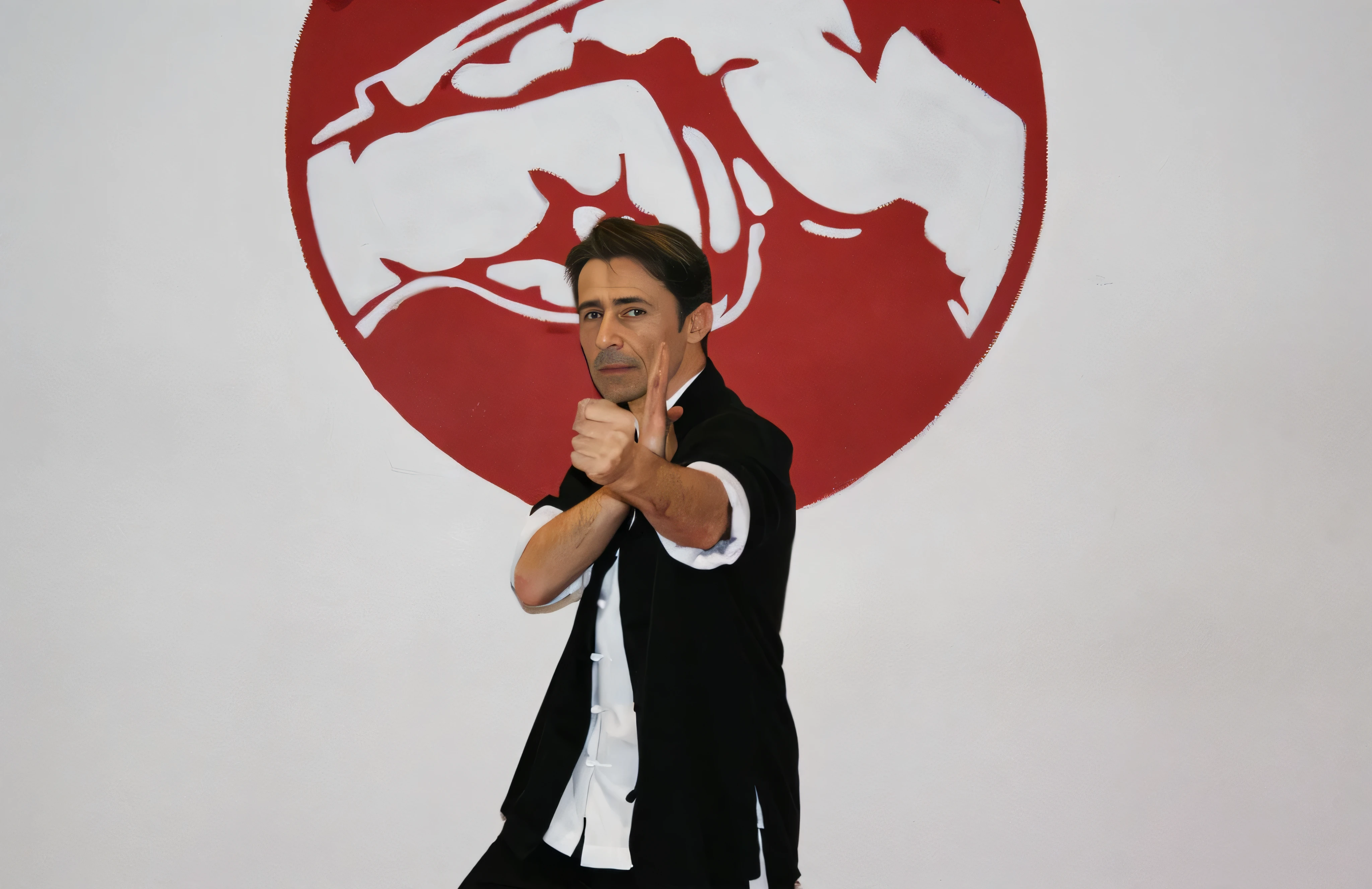 Da ist ein Mann im Anzug, der auf die Kamera zeigt, in einer Action-Pose, inspiriert von Liao Chi-chun, in a Kampfpose, Stoische Pose, in einer Kampfhaltung, Professionelles Meisterwerk, in einem Dojo, eine Pose einnehmen, Michael Vicente, selbstbewusste Action-Pose, Gonzalo Fuenmayor, Coole Pose, Kampfpose, Pepe Moreno