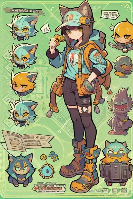 Boyish girl and creepy cute monster buddy、anime-like、Adventurer、A determined smile、Brown hair with light blue mesh、Monocle with analytical ability、Sporty、Emblem with the Ouroboros ring motif、cap with cat ears、He is equipped with a mechanical gauntlet on his right hand.、orange hoodie、Knee guard、lace up boots、One Shoulder Bag、16 years old。character design sheet、The monster is inspired by Giger.、ExpeditionStyle、Monster is mshn robo style、Card game style