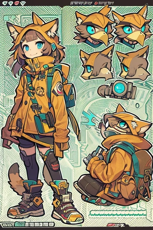 Boyish girl and creepy cute monster buddy、anime-like、Adventurer、A determined smile、Brown hair with light blue mesh、Monocle with analytical ability、Sporty、Emblem with the Ouroboros ring motif、cap with cat ears、He is equipped with a mechanical gauntlet on his right hand.、orange hoodie、Knee guard、lace up boots、One Shoulder Bag、************。character design sheet、The monster is inspired by Giger.、ExpeditionStyle、Monster is mshn robo style、Card game style