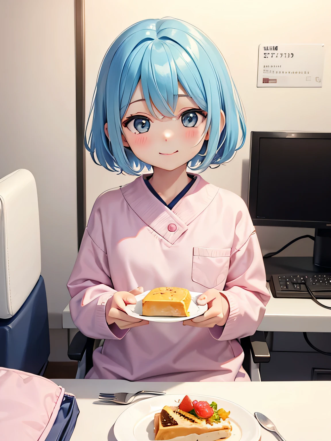 pastel colour, cute女の子 (((a bit))) cute, best smile, short hair,i eat breakfast. hospital room,