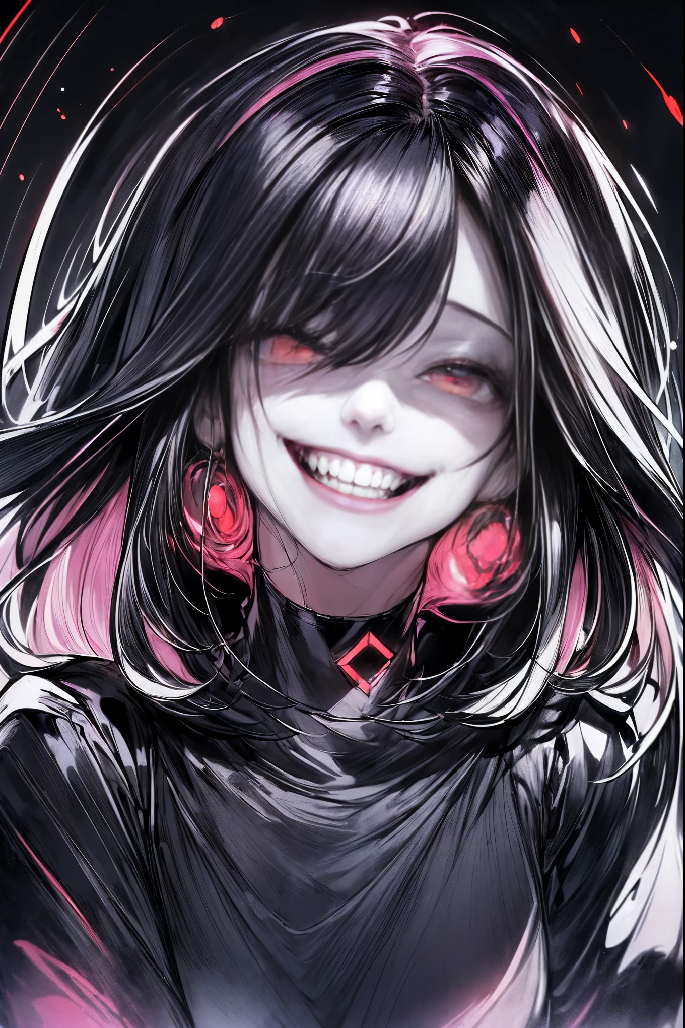 scene:0.9, (masterpiece), best quality, (((ultra detailed, 8k quality))), looking at viewer, (pink hair, side bang, expressive red eyes:0.7, glowing red eyes), (depth perception:0.7, black background,), ((torso)), ((centered)), glowing eyes, ((seductive eyeeminine, smile, close-up, neck choker, ((SFW)), oversize black jacket, face focus, (clenched teeth), (devious smile, devious eyes), shaded face, night time, dark, woman, high contrast colors, blood on face
