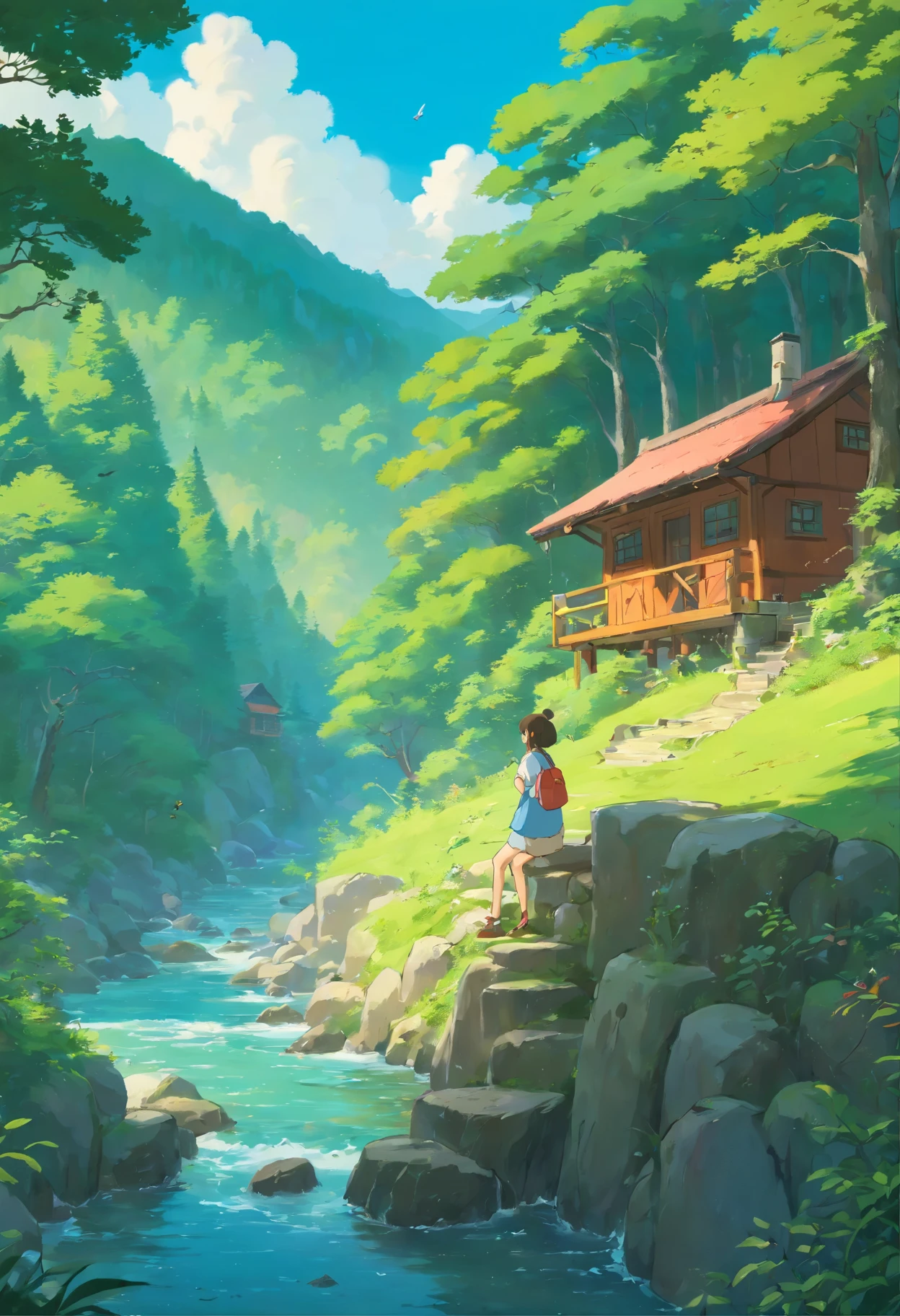 girl listening to music、mountain hut、forest、river murmur、birdie、beautiful scenery