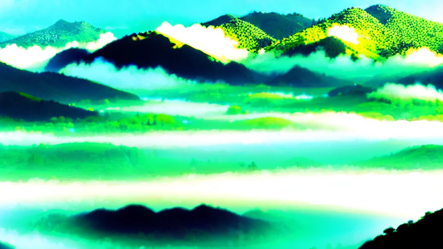 detailed, beautiful, landscape, blissful, grateful, delightful, happy, outside, in the forest, in the ocean, on the mountain, fantasy, art academia, calm atmosphere, dreamy atmosphere, mystical atmosphere, wide shot, panoramic composition, bloom, in focus with blurred background, long exposure, wide-angle lens, --ar 16:9