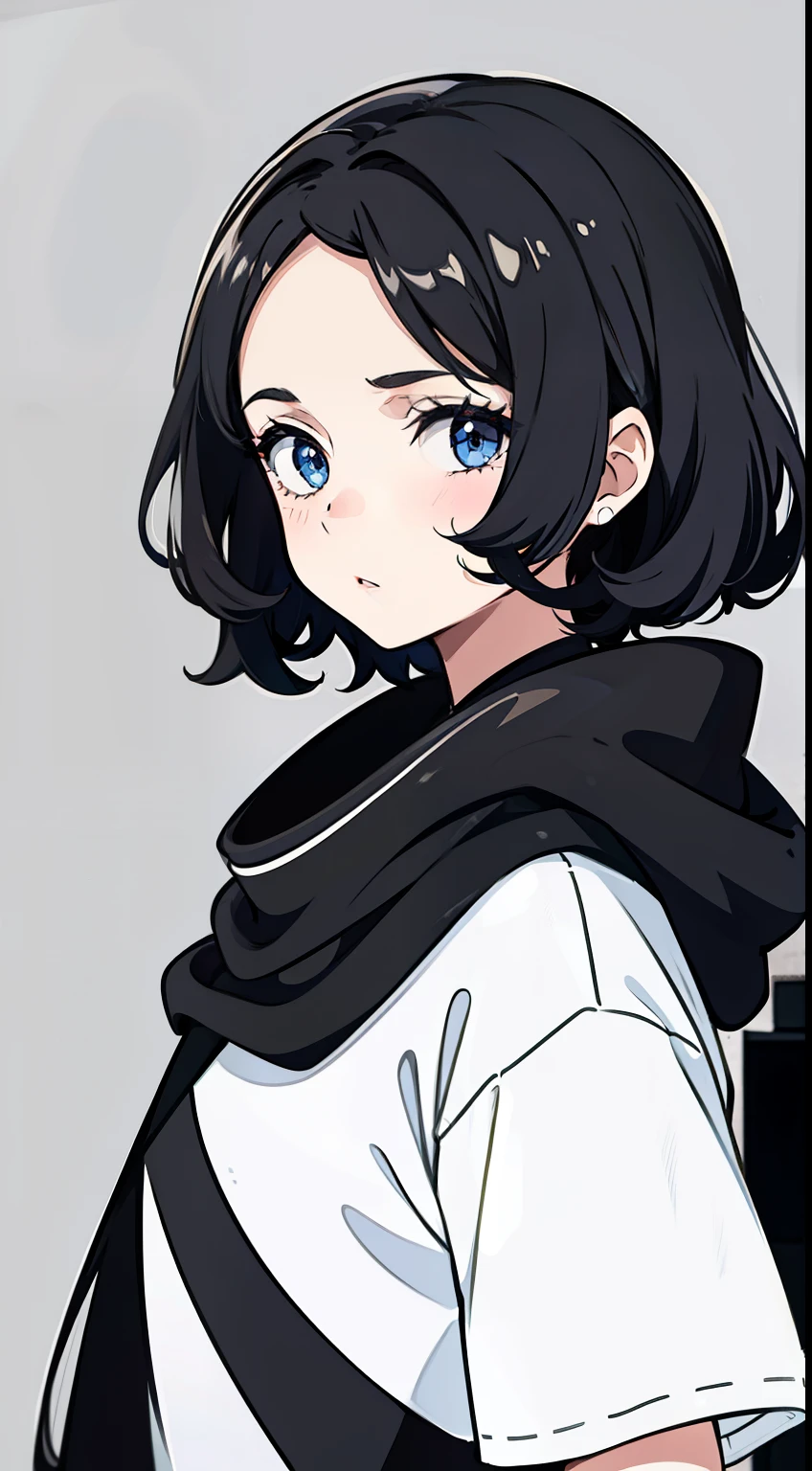 Girl, side portrait, Black and white, Messy short hair, Avant-garde accessories,Sporty style, Casual T-shirt, Confident gaze, monochromatic color scheme, Looks to the side, Chic street fashion,((One guy)),(Long hair),A hood worn on his head, Head and neck shawl fabric,Thick and plump hair volume, Rich curls cover the forehead and ears