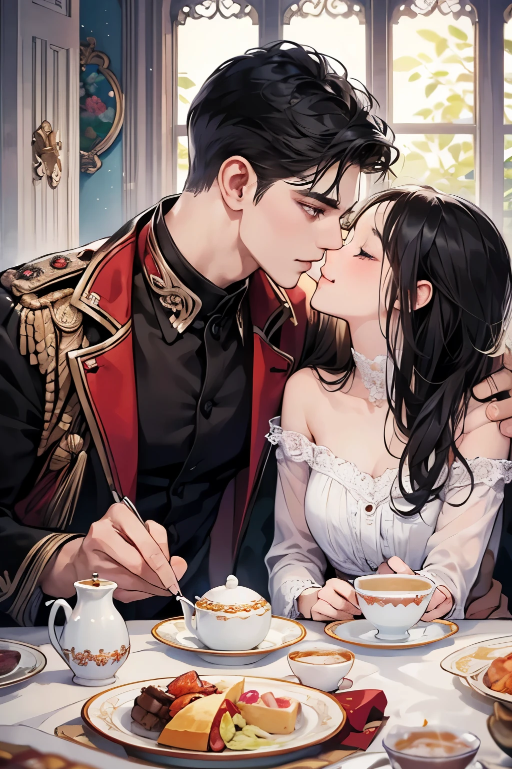 (table top, digital art, digital illustration, 4k, 8k, super detailed, beautiful images, clear image, realistic, RAW photo, perfect face, perfect lines, perfect eyes, soft lighting) ,1 female, (long black hair,straight hair,bullish look,beautiful woman,grace,Make up well,23 is a novel,:1.3),Two handsome men in suits, (human,muscular,solid shoulder width, mens,boyish hairstyle,british gentleman&#39;s style,A man in his 30s with a cool expression,28 year old man with a bright smile:1.2),Show your white teeth and smile(embarrassing,shy smile:1.1),garden full of light、squirt、resort sofa、colorful flowers、innocent smile,smile、couple kissing、kiss、the kiss、romance、Afternoon tea、lunch