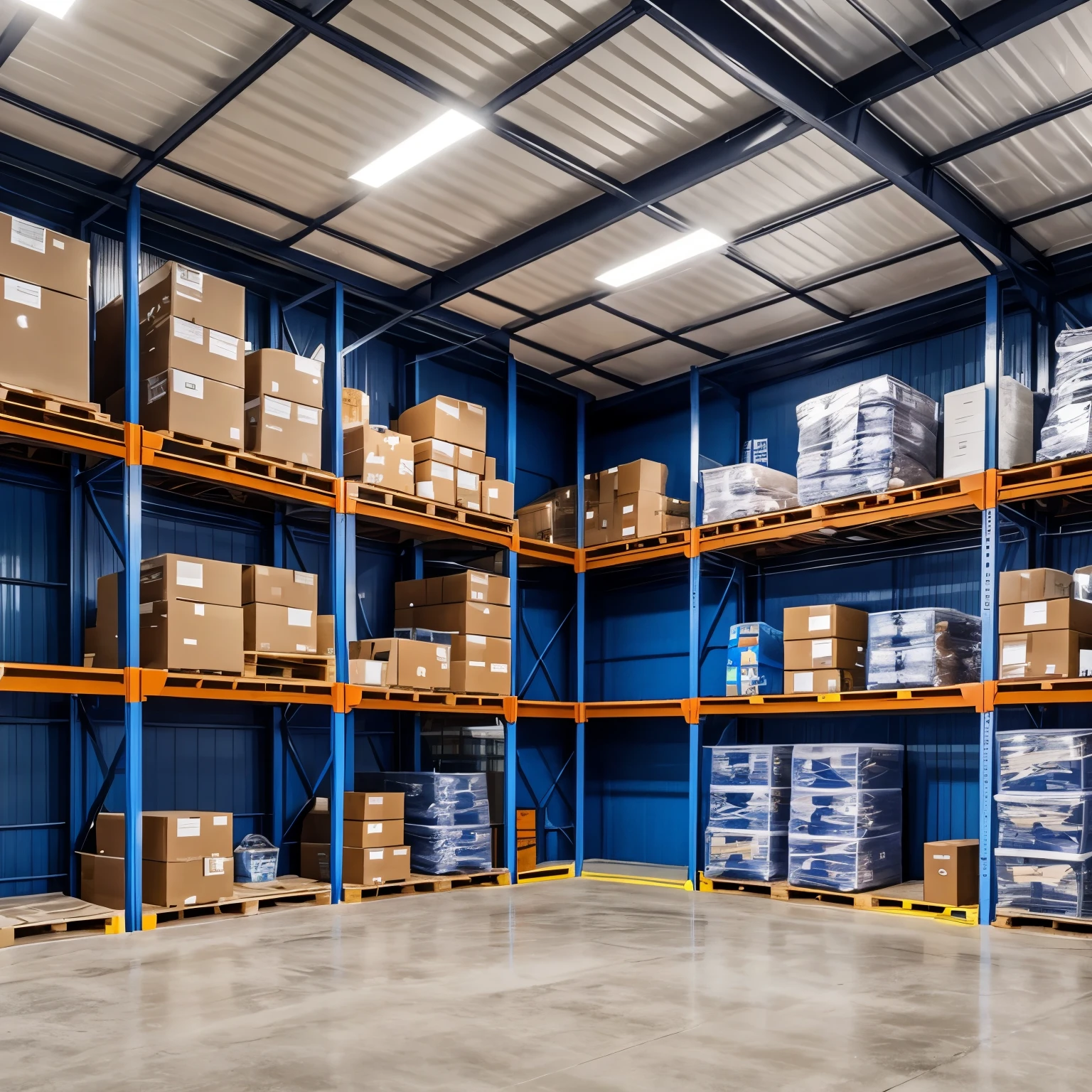 arafed storehouse with boxes and pallets in a large storehouse, in storehouse, inside a storehouse, in a storehouse, storehouse, storehouses, cold storage facilities, where is a big, empty storehouse background, [[empty storehouse]] background, completely filled space, commercial lighting, a lot of light, industrial space, william storehouse, white light，Overall cool color