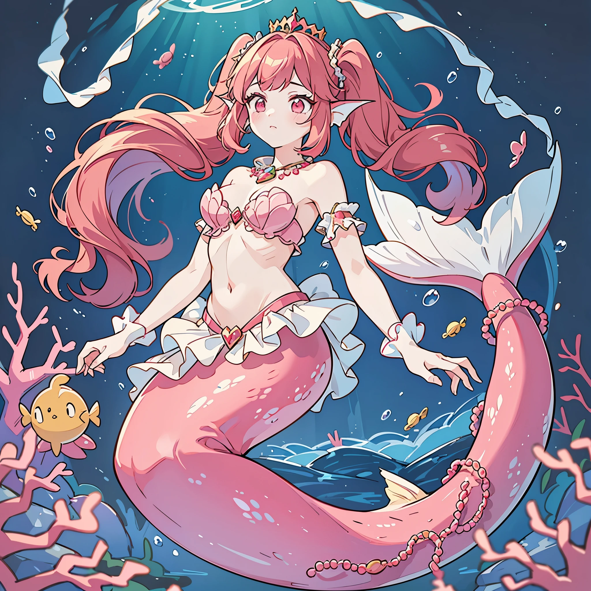 The prompt for the given theme is: "A pretty 15-year-old princess magically transformed into a beautiful mermaid, with a race swap. The lower half of her body has a fish-like appearance, including a long red mermaid tail below her waistline. She also have dorsal and pelvic fins. Her ears looks like fish fins. The artwork should be drawn in an anime style, with the princess having very long pigtails of red hair. She also have pink eyes. There’s a pair of fish gills on her torso. Best quality, 4k, highres, masterpiece:1.2, ultra-detailed, realistic:1.37 Medium: Anime Additional details: Sparkling ocean waves, colorful coral reefs, a golden tiara adorning the princess's head, red scales shimmering under sunlight, a bra made of seashells, pearl necklaces and bracelets, a mesmerizing underwater castle in the background. Artistic style: Fantasy, anime-Art, Portraits Color palette: Vibrant and iridescent colors, with shades of red, green, and pink. Lighting: Soft and gentle underwater illumination, creating a magical and ethereal ambiance." Please make sure to adhere to the prompt format and include at least 5 detailed elements related to the theme.