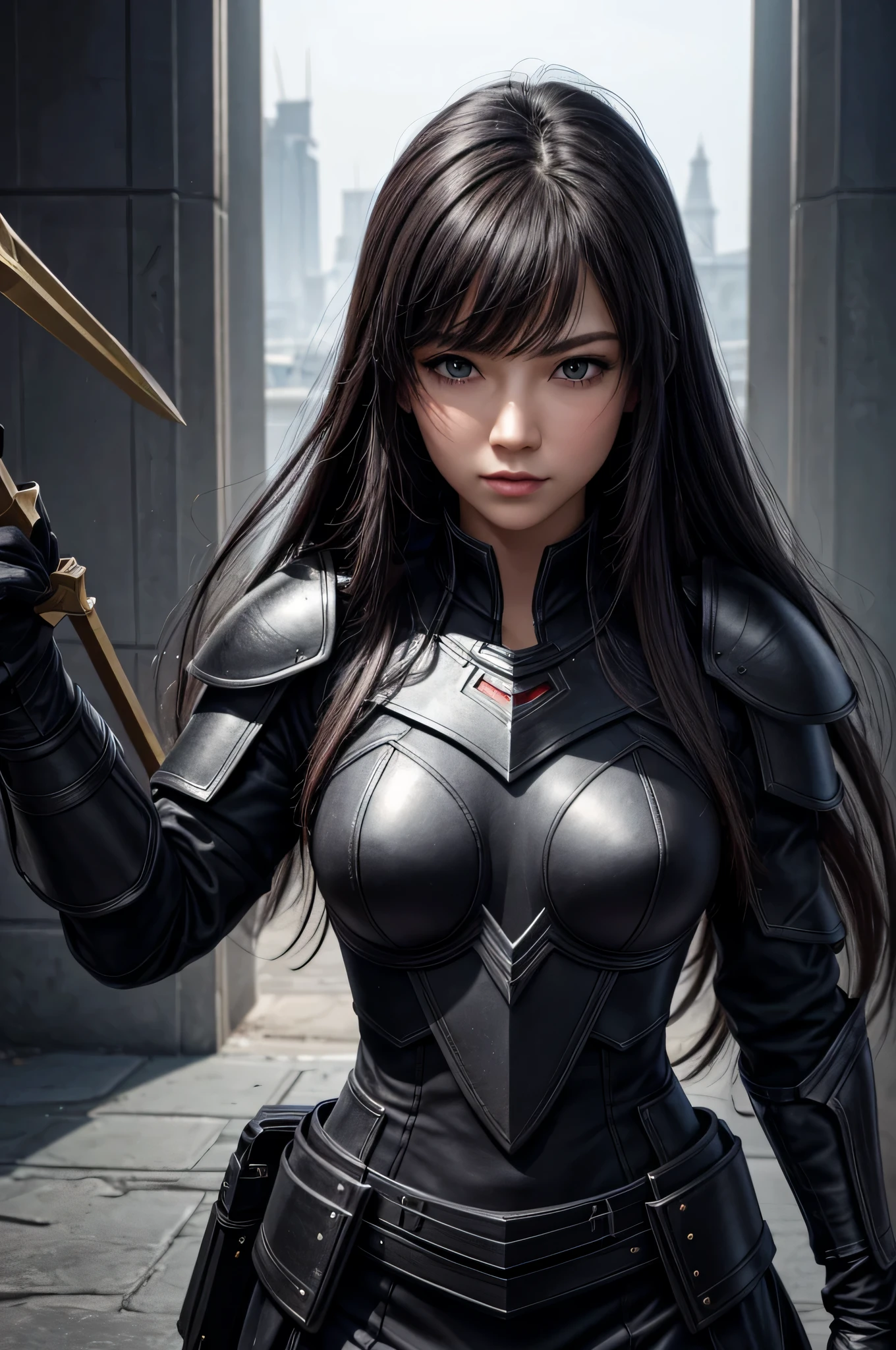 highest quality, masterpiece, PHALTER, shrine, 1 girl, alone, Dark Weapon, dark armor dress, show viewer, Dark Weaponを装備, dark colored gloves, hair between eyes, black dress, chest plate, black armor, side lock, bangs, long hair, dense gray hair, parted lips, mature woman, plump sleeves, long sleeve, destiny, Jeanne, Super realistic texture, Amazingly light texture, surreal art, highest qualityのCGユニティ8k壁紙