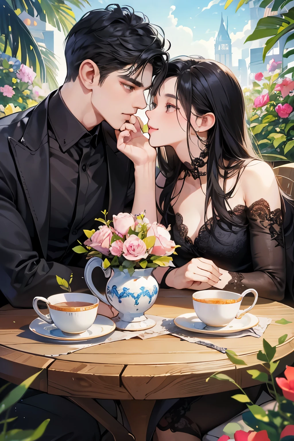 (table top, digital art, digital illustration, 4k, 8k, super detailed, beautiful images, clear image, realistic, RAW photo, perfect face, perfect lines, perfect eyes, soft lighting) ,1 female, (long black hair,straight hair,bullish look,beautiful woman,grace,Make up well,23 is a novel,:1.3),Two handsome men in suits, (human,muscular,solid shoulder width, mens,boyish hairstyle,british gentleman&#39;s style,A man in his 30s with a cool expression,28 year old man with a bright smile:1.2),Show your white teeth and smile(embarrassing,shy smile:1.1),garden full of light、squirt、resort sofa、colorful flowers、innocent smile,smile、couple kissing、kiss、the kiss、romance、Afternoon tea、lunch