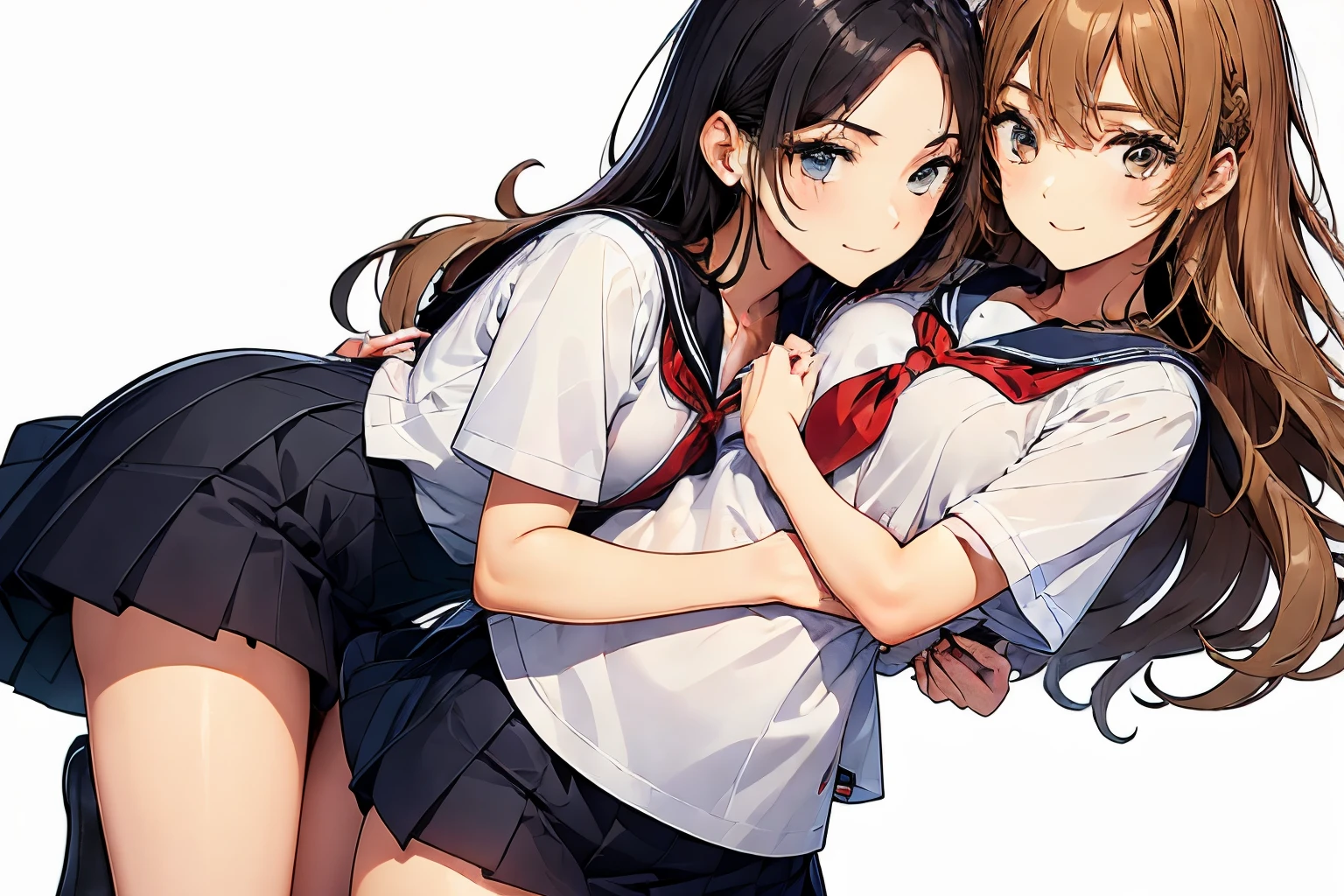 (2girls),chyuri,((cuddling)),touch each other,friendly couple,(smile),full body,Japanese high school student, short sleeve sailor school uniform,