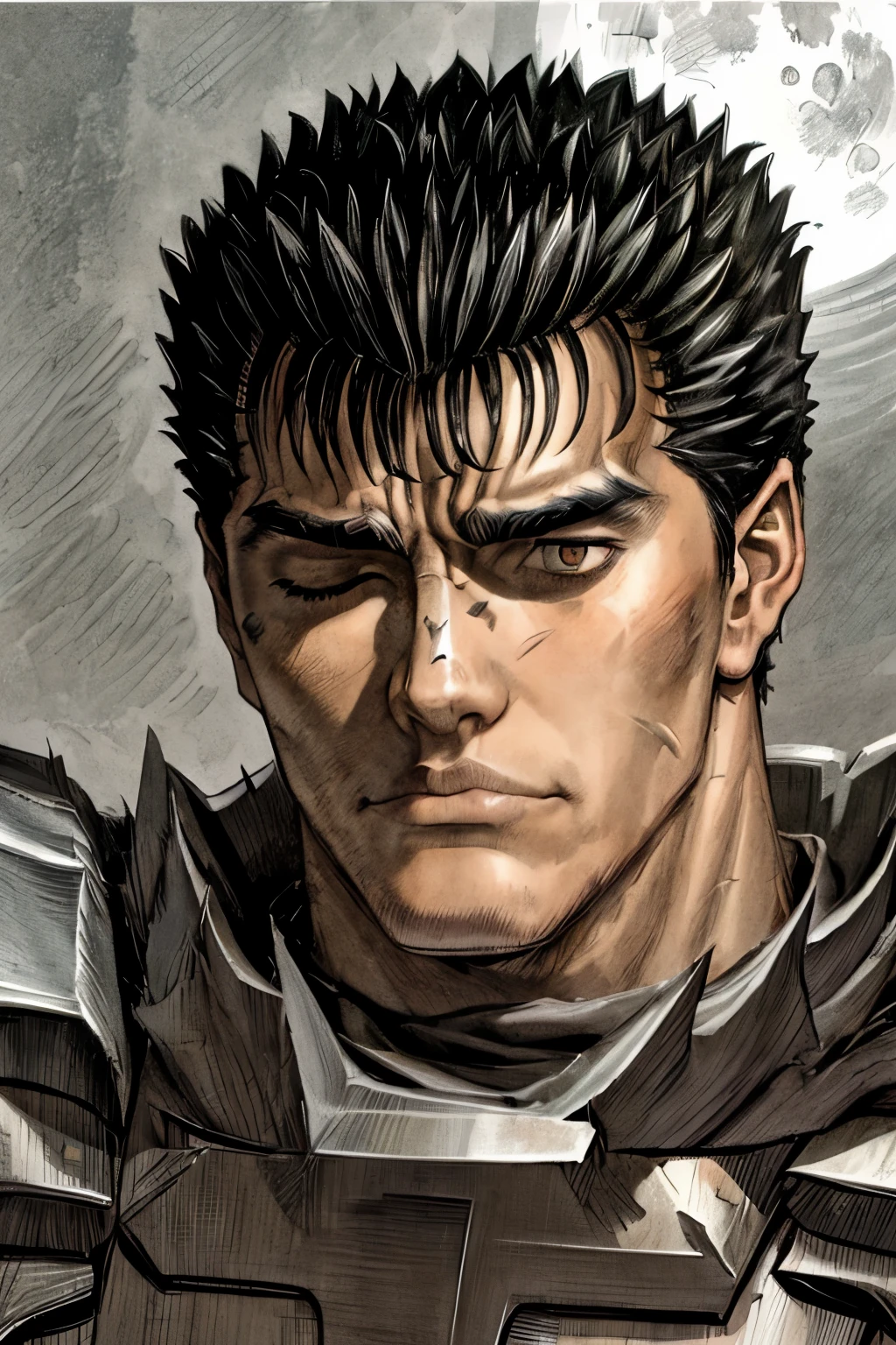 guts \(berserk\), 1boy, black hair, ((depressed)), sad,  expressionless face, lifeless,  looking away, male focus, one eye closed, dark background, scar, scar on face, scar on nose, cape, full armor, short hair, solo, black armor, weapon on back, full moon,  traditional media, dark