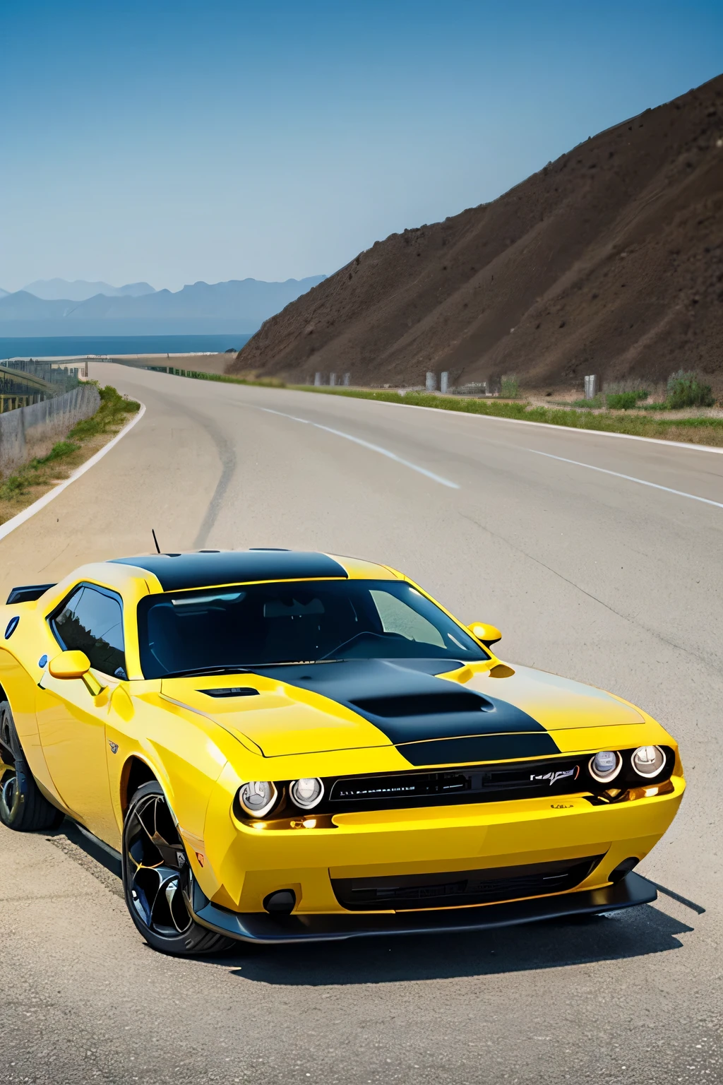 one Dodge Challenger yellow with two black lines