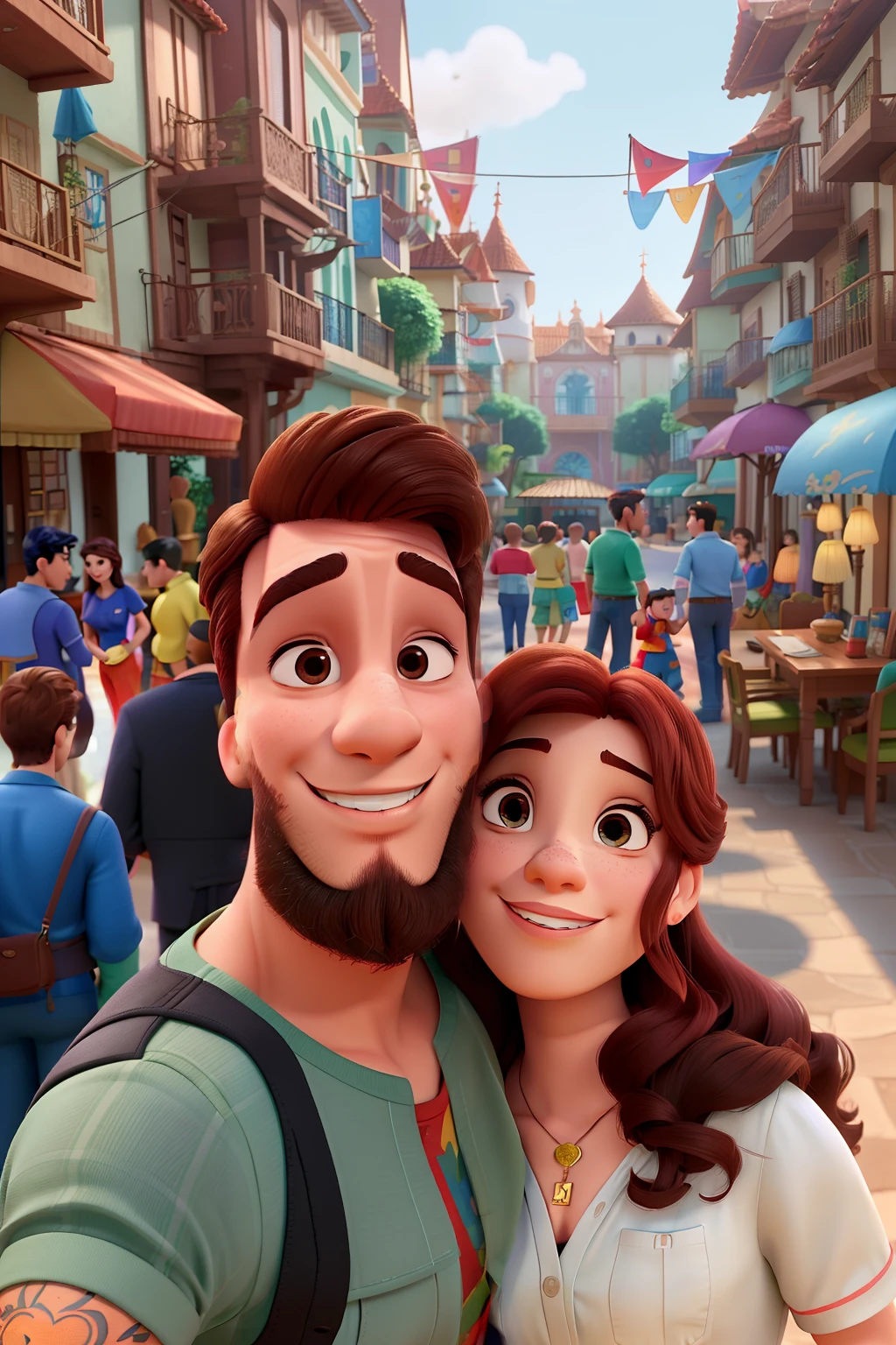 Casal (homem moreno e mulher branca) no estilo Disney Pixar, alta qualidade, melhor qualidade.