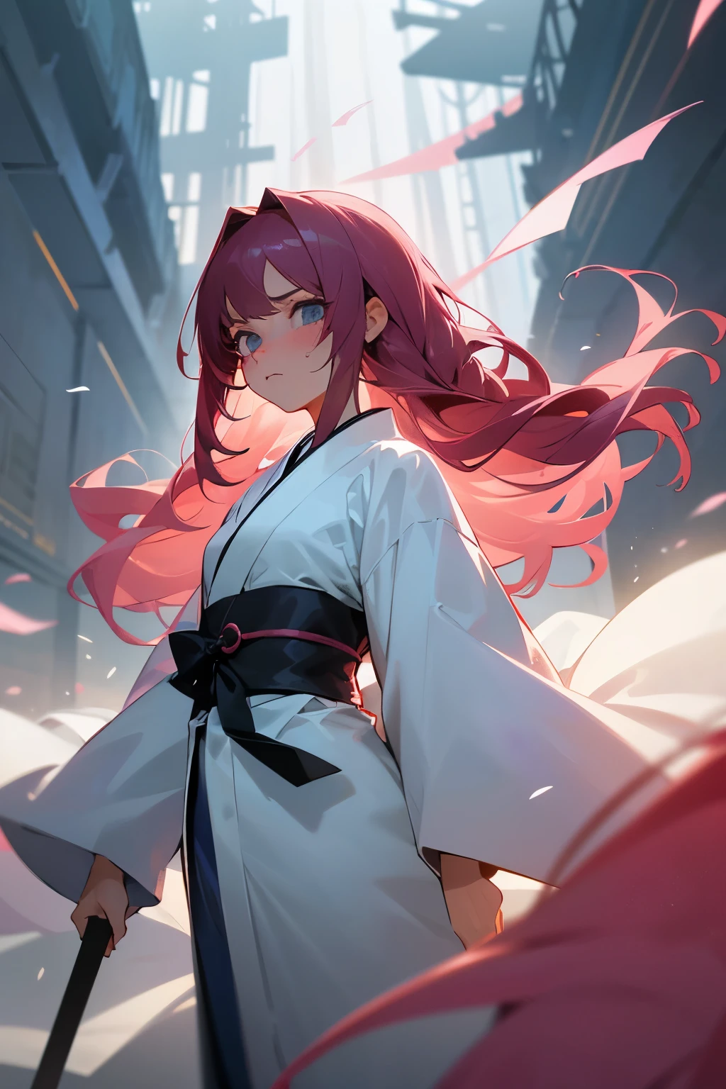 Grand final of the battle of an amazing girl, with her unique appearance resembling Dororo's look-alike, Hyakkimaru, standing embarrassed in the midst of the crowd. Her long, wavy pink hair cascades down her back, blushing profusely as she keeps her mouth shut, away from prying eyes. Dressed in a beautiful white kimono, she takes a deep breath, spreading her hair wide in the wind before the final showdown. The scene unfolds in ultrahigh resolution, with fine details capturing the intricacies of her every expression. The environment changes as she faces her opponent, and with a provoking facial expression, the girl in the grand final pre