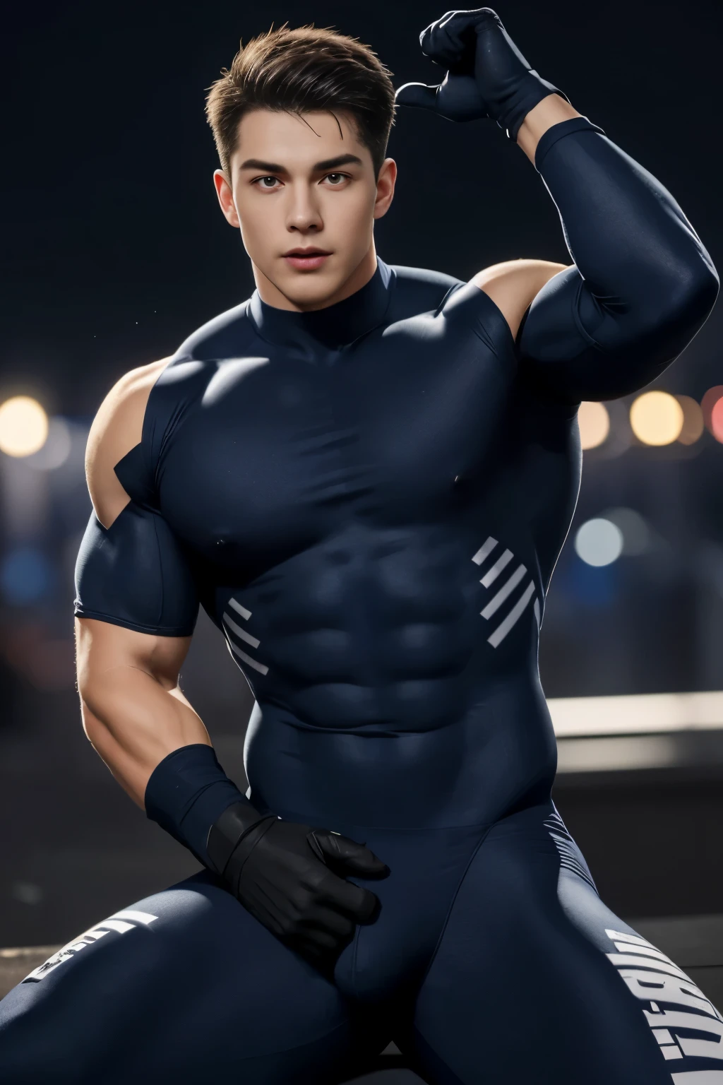 20-year-old boy ,Official ,handsome ,Navy round neck bodysuit ,Police Logo ,Wear a helmet.... ,Wear navy gloves................................. , tight breasts
,Muscle Man , ((The arm muscles are very large..................................)) ,large boobs , Wide shoulders ,open legs ,Hold the bulge firmly with both hands.................................. ,Large long bulge ,Sexually suggestive, (Dynamic Poses:1.1) , Lying on Your Back , (Embossed Focus:1.2) , opened mouth. , nighttime ,prison ,Cage edge, Best qualtiy
, Wide lens ,deep depth of field ,Bokeh background