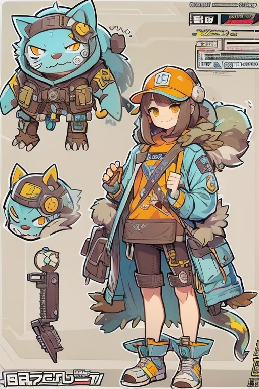 Boyish girl and creepy cute monster buddy、anime-like、Adventurer、A determined smile、Brown hair with light blue mesh、Monocle with analytical ability、Sporty、Emblem with the Ouroboros ring motif、cap with cat ears、He is equipped with a mechanical gauntlet on his right hand.、orange hoodie、Knee guard、lace up boots、One Shoulder Bag、16 years old。character design sheet、The monster is inspired by Giger.、ExpeditionStyle、Monster is mshn robo style、Card game style