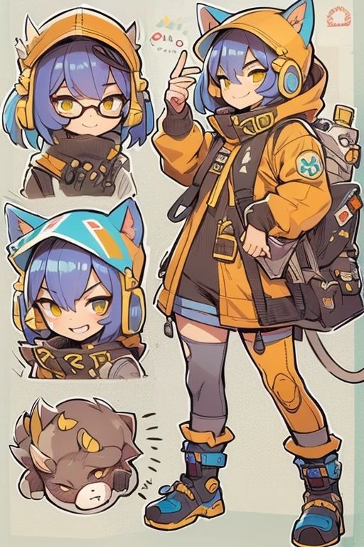 Boyish girl and creepy cute monster buddy、anime-like、Adventurer、A determined smile、Brown hair with light blue mesh、Monocle with analytical ability、Sporty、Emblem with the Ouroboros ring motif、cap with cat ears、He is equipped with a mechanical gauntlet on his right hand.、orange hoodie、Knee guard、lace up boots、One Shoulder Bag、16 years old。character design sheet、The monster is inspired by Giger.、ExpeditionStyle、Monster is mshn robo style、Card game style