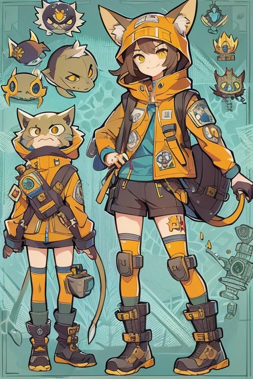 Boyish girl and creepy cute monster buddy、anime-like、Adventurer、A determined smile、Brown hair with light blue mesh、Monocle with analytical ability、Sporty、Emblem with the Ouroboros ring motif、cap with cat ears、He is equipped with a mechanical gauntlet on his right hand.、orange hoodie、Knee guard、lace up boots、One Shoulder Bag、。character design sheet、The monster is inspired by Giger.、ExpeditionStyle、Monster is mshn robo style、Card game style