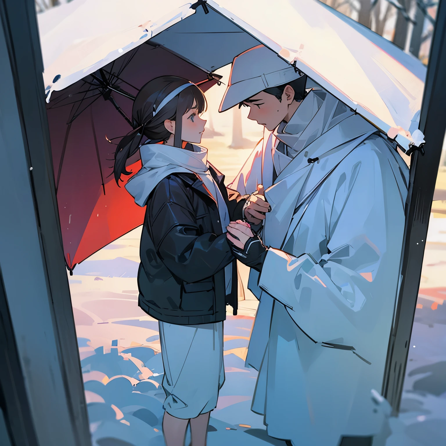 Boy and girl apart from each other in snowy day
