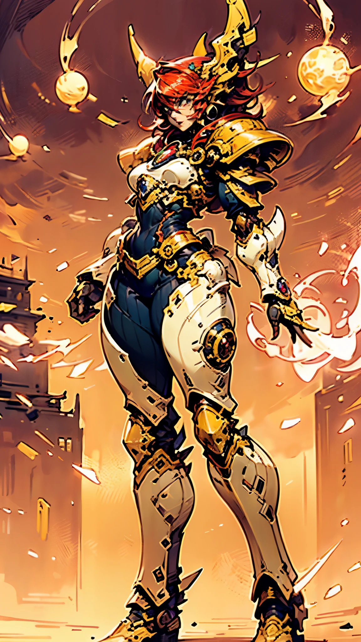 A woman adorned in fantasy-style full-body armor, a crown-concept fully enclosed helmet that unveils only her eyes, a composite layered chest plate, fully encompassing shoulder and hand guards, a lightweight waist armor, form-fitting shin guards, the overall design is heavy-duty yet flexible, ((the armor gleams with a golden glow, complemented by red and blue accents)), exhibiting a noble aura, she floats above a fantasy-surreal high-tech city, this character embodies a finely crafted fantasy-surreal style armored hero in anime style, exquisite and mature manga art style, (Queen bee mixed with Spider concept Armor, plasma, blood), ((Element, energy, elegant, goddess, femminine:1.5)), metallic, high definition, best quality, highres, ultra-detailed, ultra-fine painting, extremely delicate, professional, anatomically correct, symmetrical face, extremely detailed eyes and face, high quality eyes, creativity, RAW photo, UHD, 32k, Natural light, cinematic lighting, masterpiece-anatomy-perfect, masterpiece:1.5