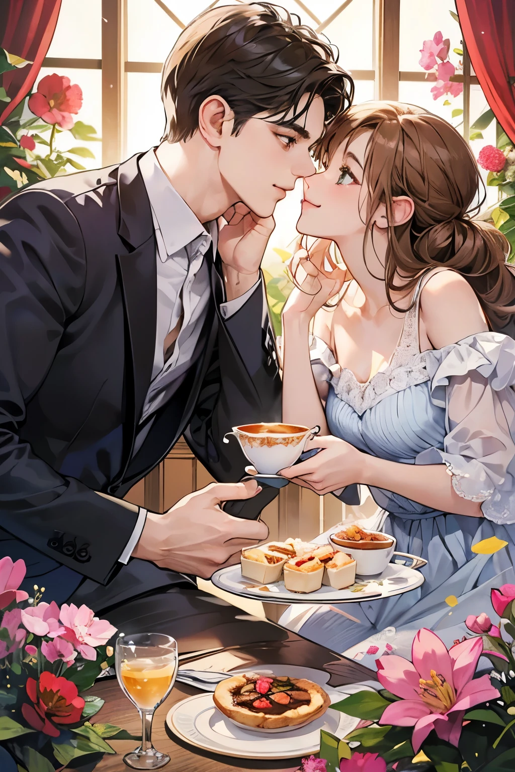(table top, digital illustration, 4k, 8k, super detailed, beautiful images, clear image, perfect face, perfect lines, perfect eyes, soft lighting) 1 female, (light brown hair,chignon hair,innocent look,droopy eyebrows,droopy eyes、With a round face,round chin、innocence,cute,Big eyes,natural makeup,smile gently,E cup,23 years old:1.3),Two handsome men in suits, (human,man wearing a suit,muscular,solid shoulder width, boyish hairstyle,A man in his 30s with a cool expression,28 year old man with a bright smile:1.2),garden full of light、lots of flowers、squirt、colorful flower light,(embarrassing,shy smile:1.2),resort sofa,kiss、カップルkiss、romance porn、male and female couple looking at each other、In a fight、Afternoon tea、lunch