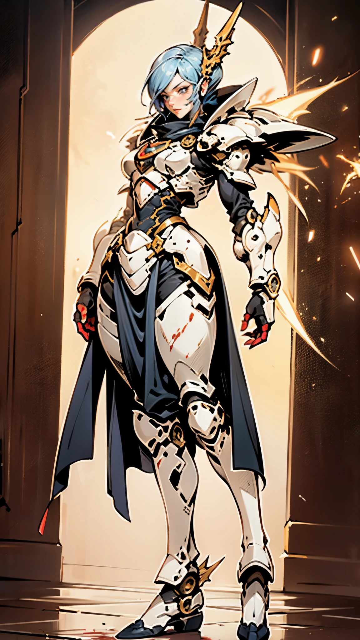 A woman adorned in fantasy-style full-body armor, a crown-concept fully enclosed helmet that unveils only her eyes, a composite layered chest plate, fully encompassing shoulder and hand guards, a lightweight waist armor, form-fitting shin guards, the overall design is heavy-duty yet flexible, ((the armor gleams with a golden glow, complemented by red and blue accents)), exhibiting a noble aura, she floats above a fantasy-surreal high-tech city, this character embodies a finely crafted fantasy-surreal style armored hero in anime style, exquisite and mature manga art style, (Queen bee mixed with Spider concept Armor, plasma, blood), ((Element, energy, elegant, goddess, femminine:1.5)), metallic, high definition, best quality, highres, ultra-detailed, ultra-fine painting, extremely delicate, professional, anatomically correct, symmetrical face, extremely detailed eyes and face, high quality eyes, creativity, RAW photo, UHD, 32k, Natural light, cinematic lighting, masterpiece-anatomy-perfect, masterpiece:1.5