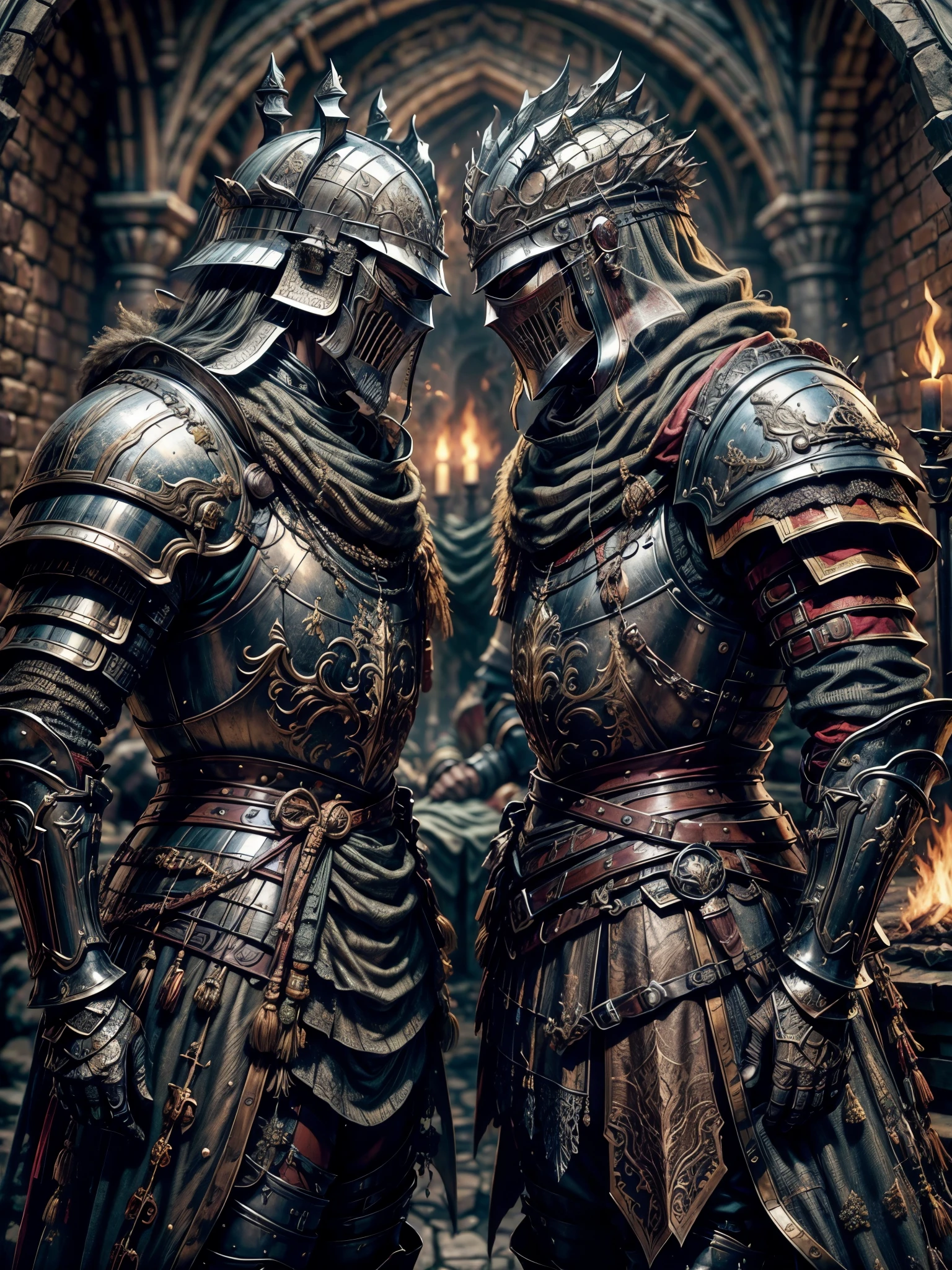 masterpiece:1.2),(best quality),(8K,HD), bonefire, near the medival castle, 2 knights, rest after battle, the knight in full knight armor with dents and holes sitting near the campfire, calm atmosphere, ground covered in slabs, royal black metal armor, dark souls style, dark fantasy, dark age atmosphere, cloudy day, art station contest winner, perfect reflection