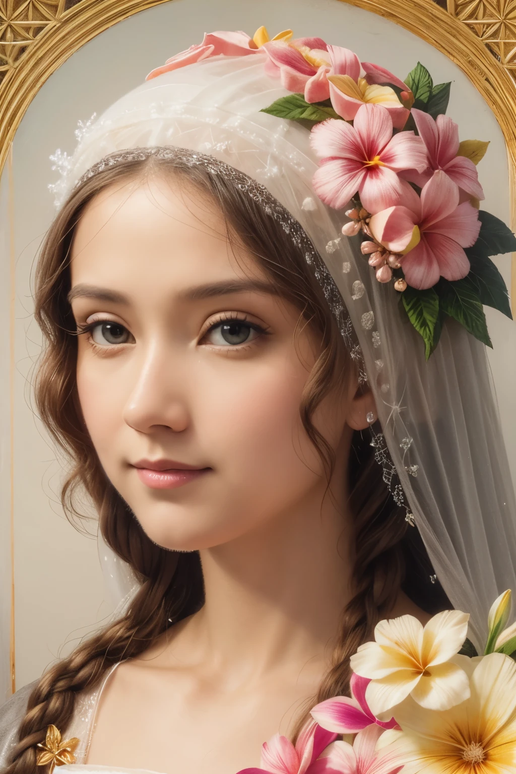 Beautiful detailed frost frost frosty Hawaiian white orange yellow winter queen soft many pink Hawaiian flowers hyperdetailed portrait 8k Leonardo da Vinci