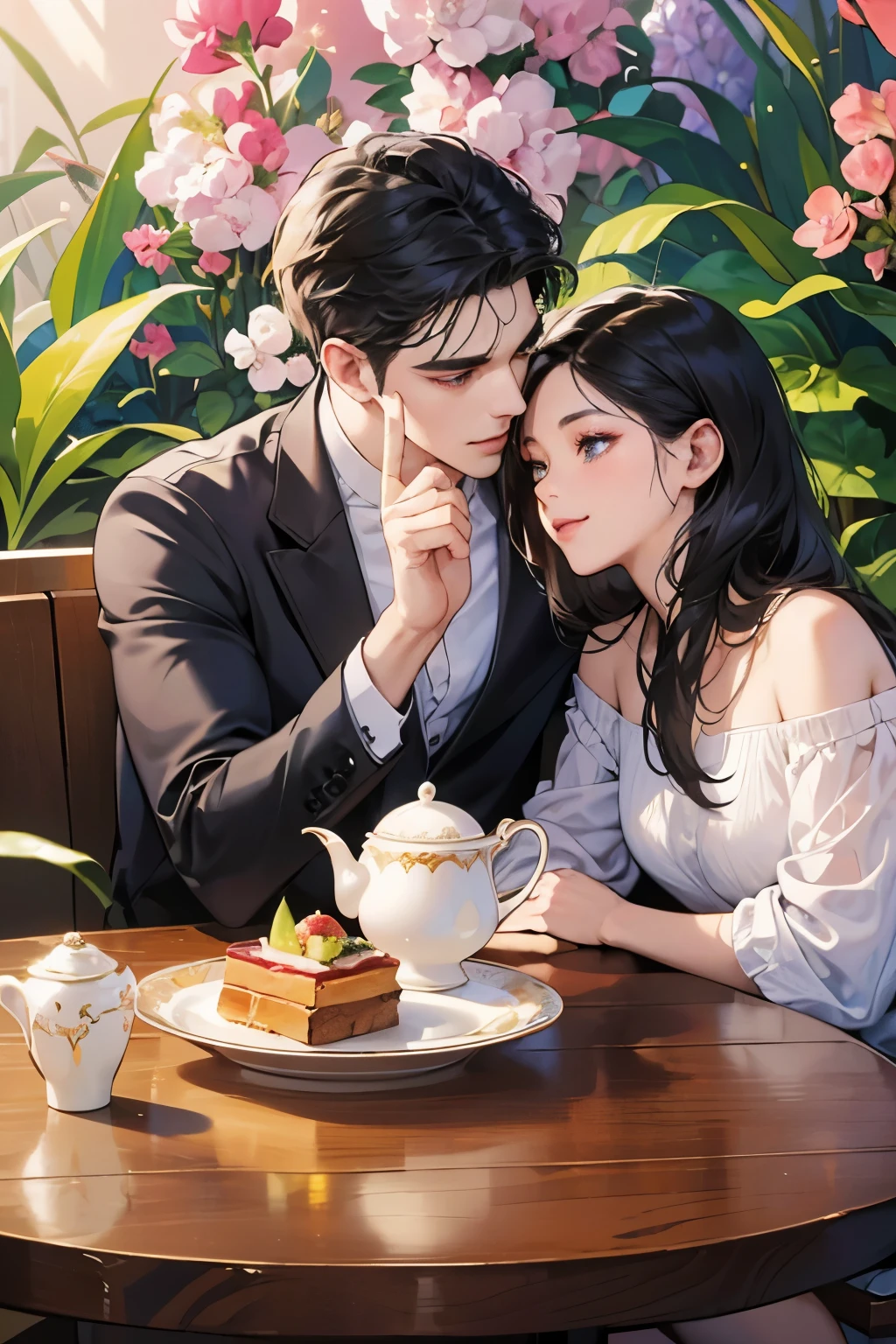 (table top, digital art, digital illustration, 4k, 8k, super detailed, beautiful images, clear image, realistic, RAW photo, perfect face, perfect lines, perfect eyes, soft lighting) ,1 female, (long black hair,straight hair,bullish look,beautiful woman,grace,Make up well,23 is a novel,:1.3),Two handsome men in suits, (human,muscular,solid shoulder width, mens,boyish hairstyle,british gentleman's style,A man in his 30s with a cool expression,28 year old man with a bright smile:1.2),Show your white teeth and smile(embarrassing,shy smile:1.1),garden full of light、squirt、resort sofa、colorful flowers、innocent smile,smile、couple kissing、kiss、the kiss、romance、Afternoon tea、lunch