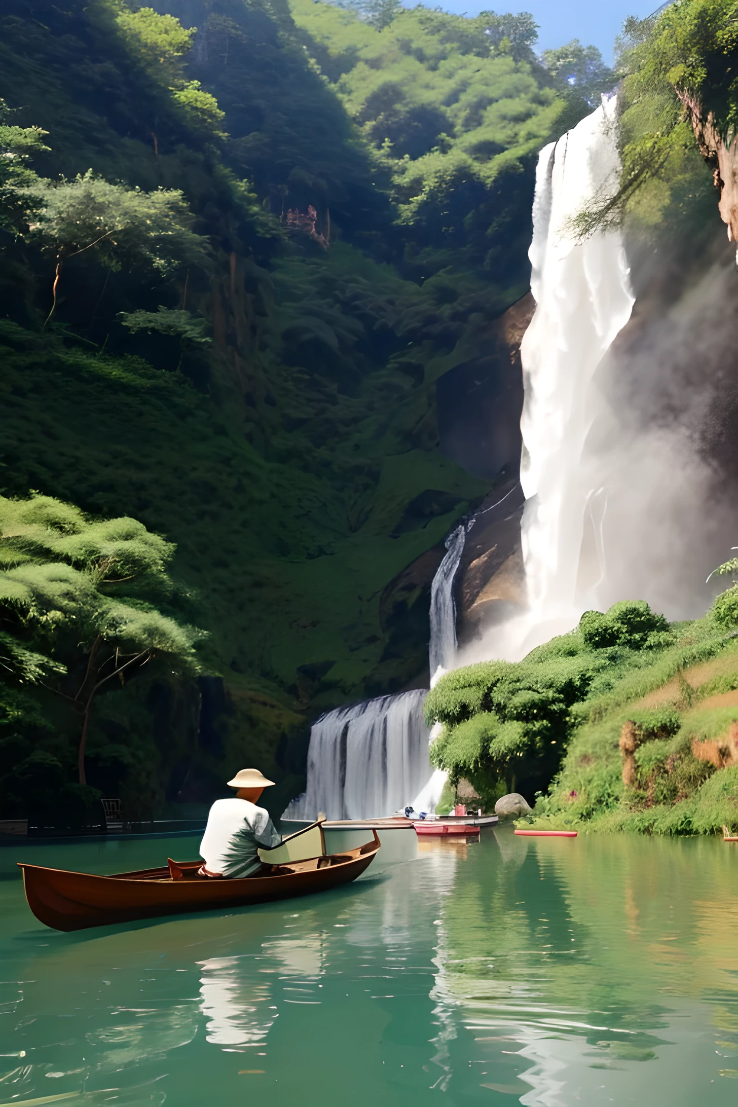 There is an old Chinese man,rowing a boat,fishing in a pool,There is a waterfall in the distance。