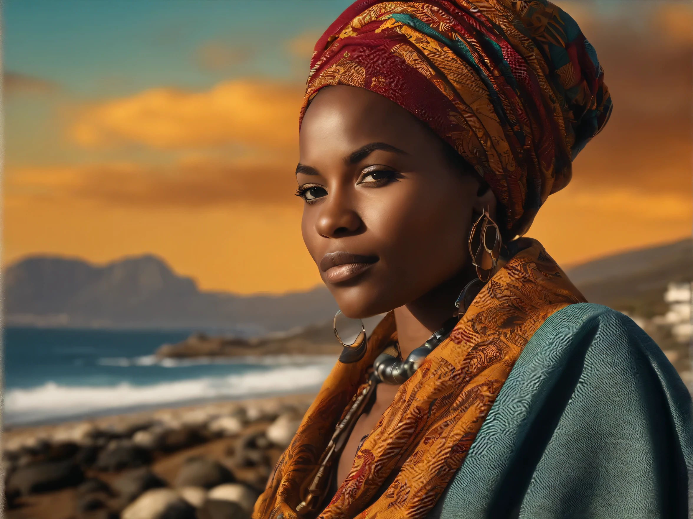 Generate an illustration of a 25-year-old woman of African descent in Cape Town, standing up en Afrique du Sud, with the majestic background. She's wearing casual attire for a day of discovery. portrait 