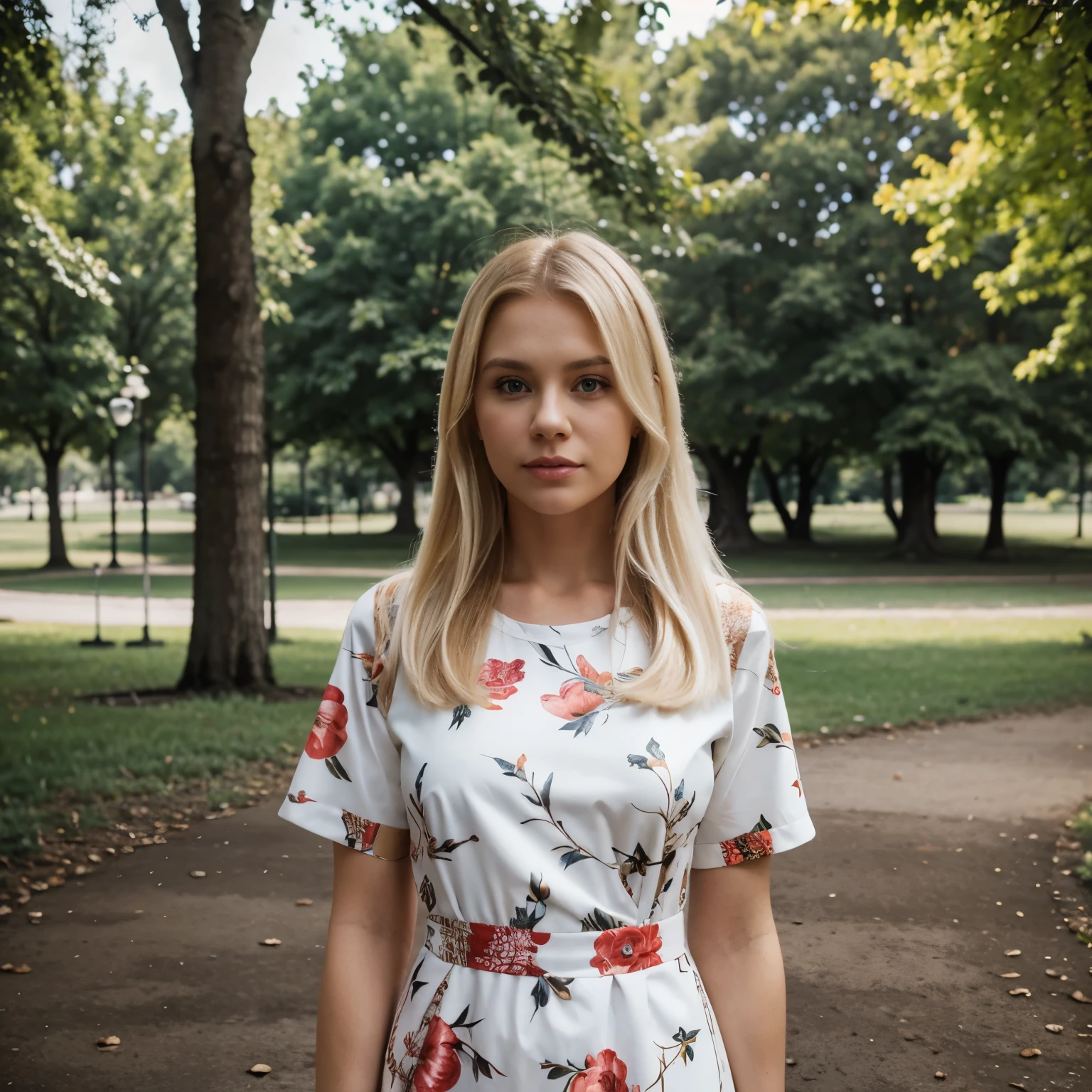portrait of white Russian women blonde hair standing in front of Park wearing printed design dress