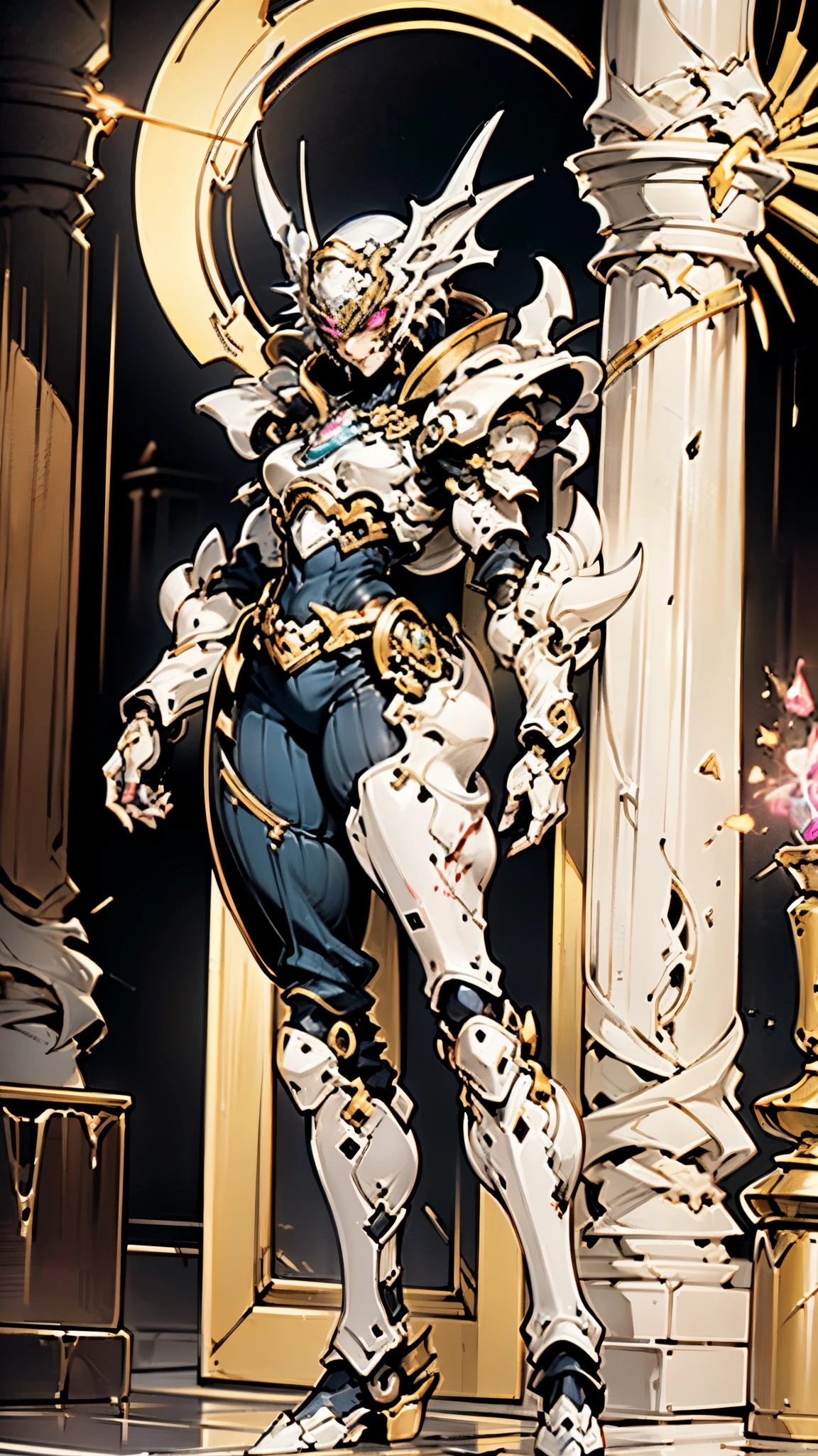 A woman adorned in fantasy-style full-body armor, a crown-concept fully enclosed helmet that unveils only her eyes, a composite layered chest plate, fully encompassing shoulder and hand guards, a lightweight waist armor, form-fitting shin guards, the overall design is heavy-duty yet flexible, ((the armor gleams with a golden glow, complemented by red and blue accents)), exhibiting a noble aura, she floats above a fantasy-surreal high-tech city, this character embodies a finely crafted fantasy-surreal style armored hero in anime style, exquisite and mature manga art style, (Queen bee mixed with Spider concept Armor, plasma, blood), ((Element, energy, elegant, goddess, femminine:1.5)), metallic, high definition, best quality, highres, ultra-detailed, ultra-fine painting, extremely delicate, professional, anatomically correct, symmetrical face, extremely detailed eyes and face, high quality eyes, creativity, RAW photo, UHD, 32k, Natural light, cinematic lighting, masterpiece-anatomy-perfect, masterpiece:1.5