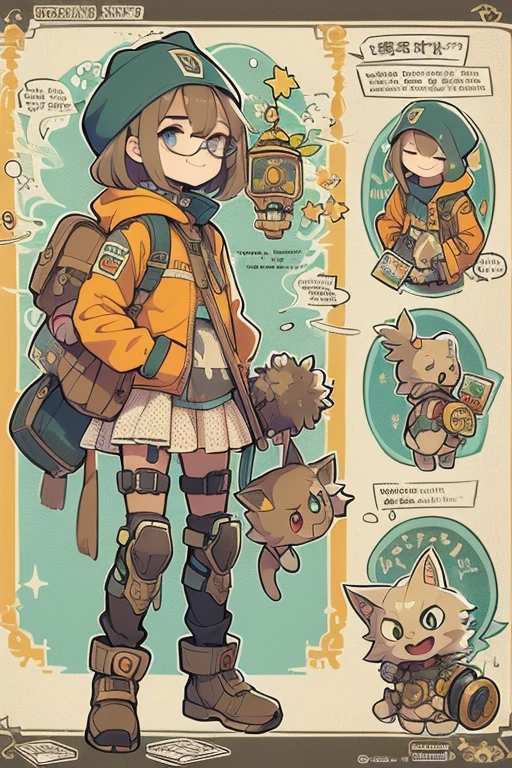 Boyish girl and creepy cute monster buddy、anime-like、Adventurer、A determined smile、Brown hair with light blue mesh、Monocle with analytical ability、Sporty、Emblem with the Ouroboros ring motif、cap with cat ears、He is equipped with a mechanical gauntlet on his right hand.、orange hoodie、Knee guard、lace up boots、One Shoulder Bag、************。character design sheet、The monster is inspired by Giger.、ExpeditionStyle、Monster is mshn robo style、Card game style